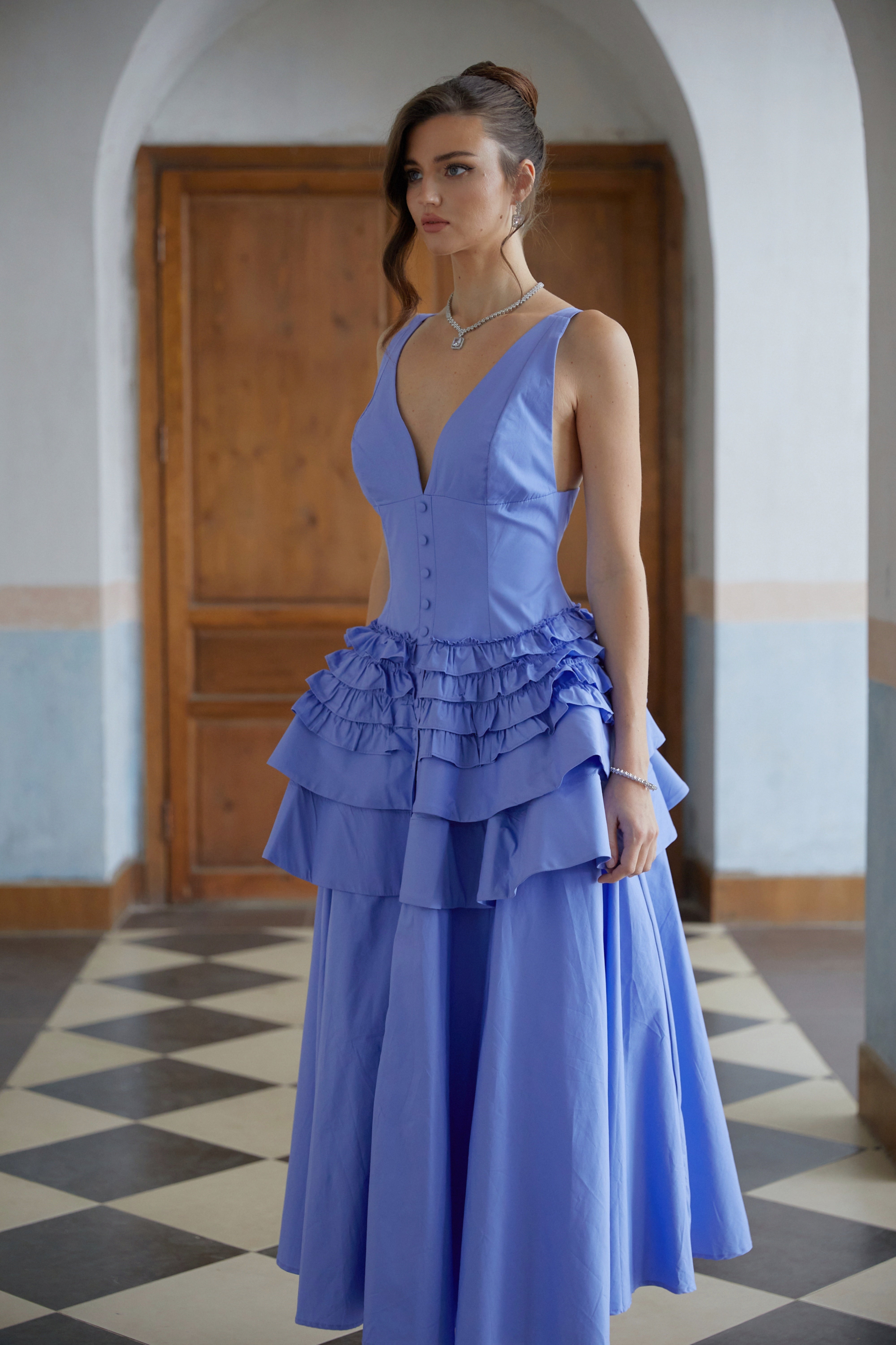 Embla Blue Ruffled Tiered Midi Dress
