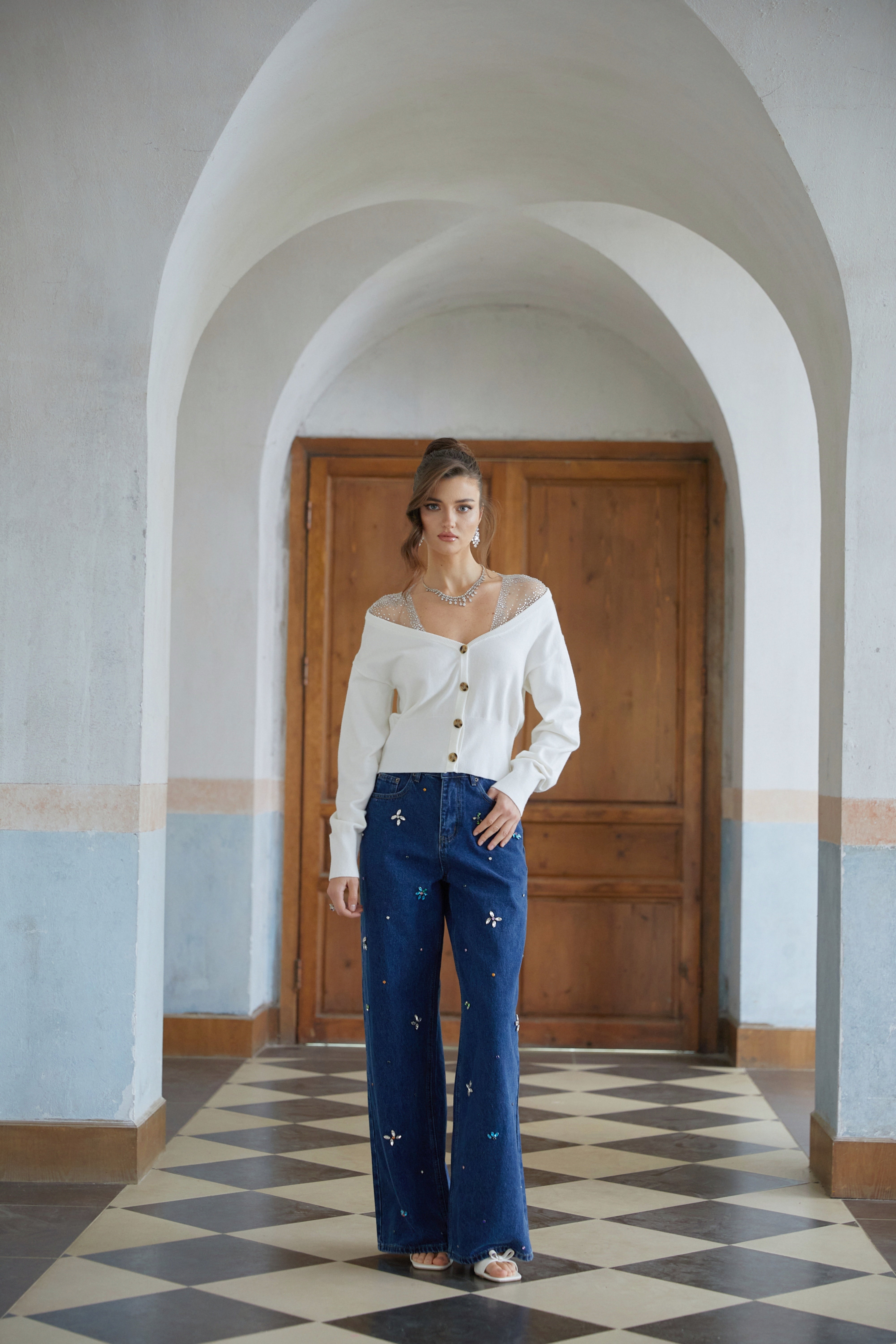 Evie White Rhinestone Tulle Panel Knit Cardigan