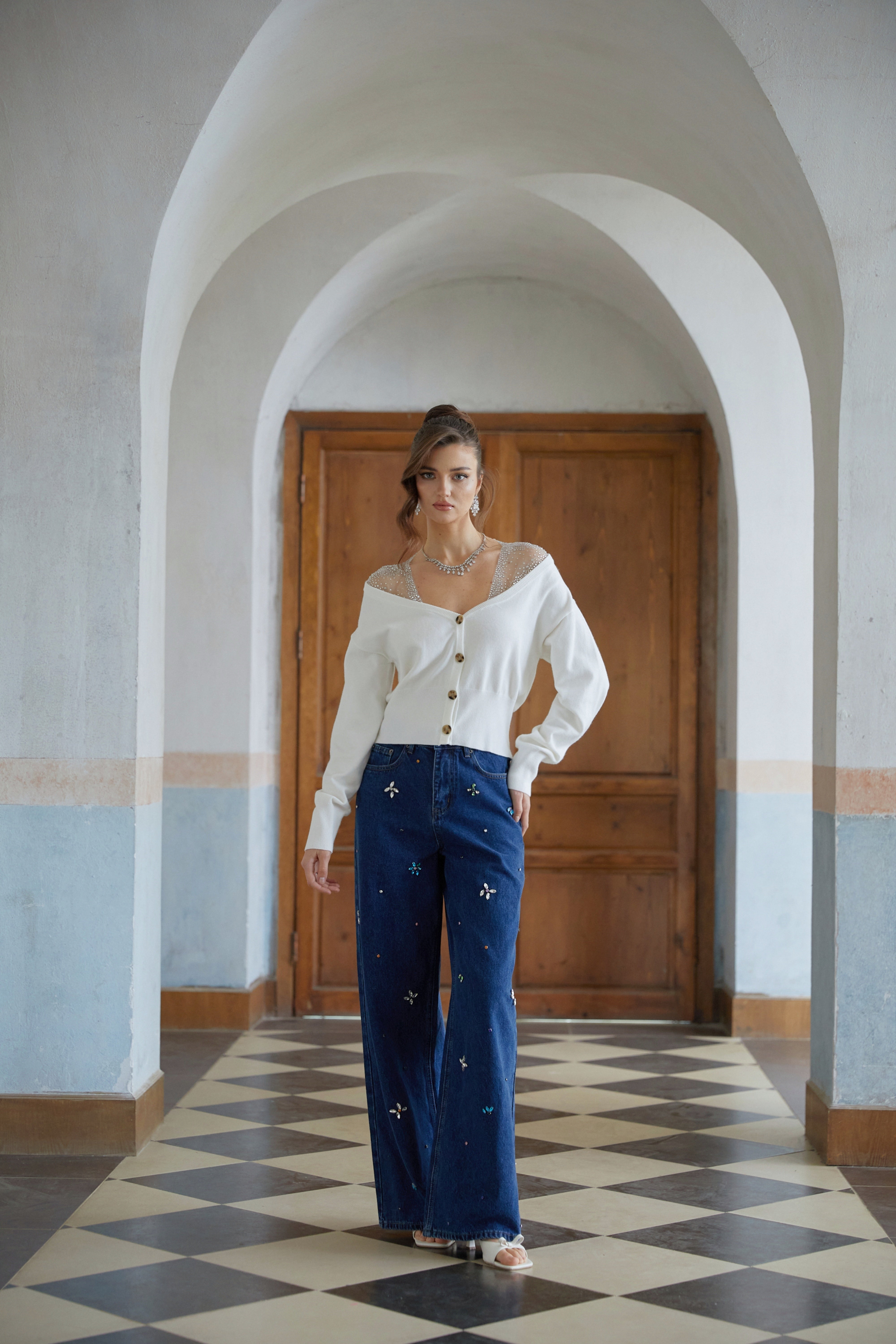 Evie White Rhinestone Tulle Panel Knit Cardigan