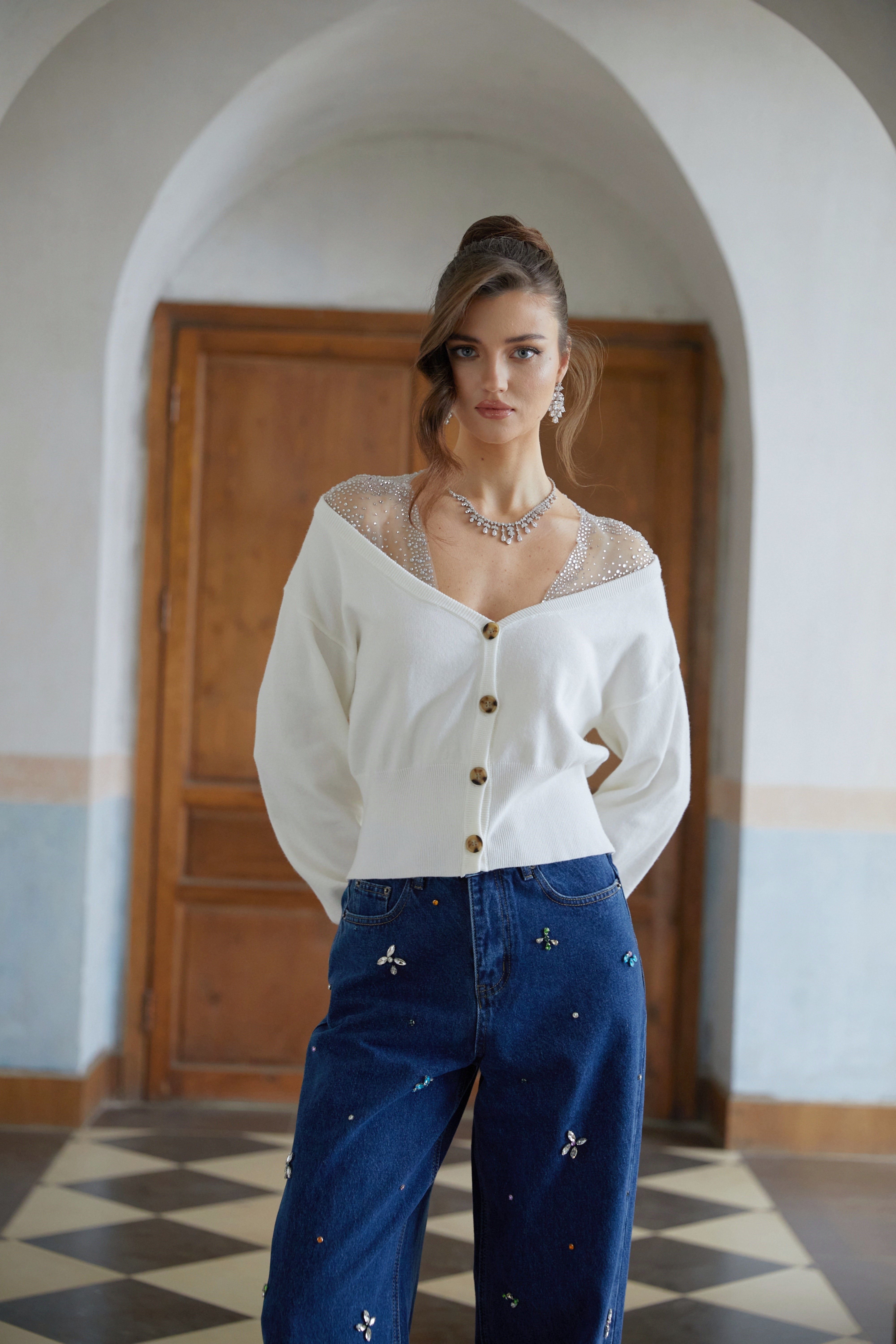 Evie White Rhinestone Tulle Panel Knit Cardigan