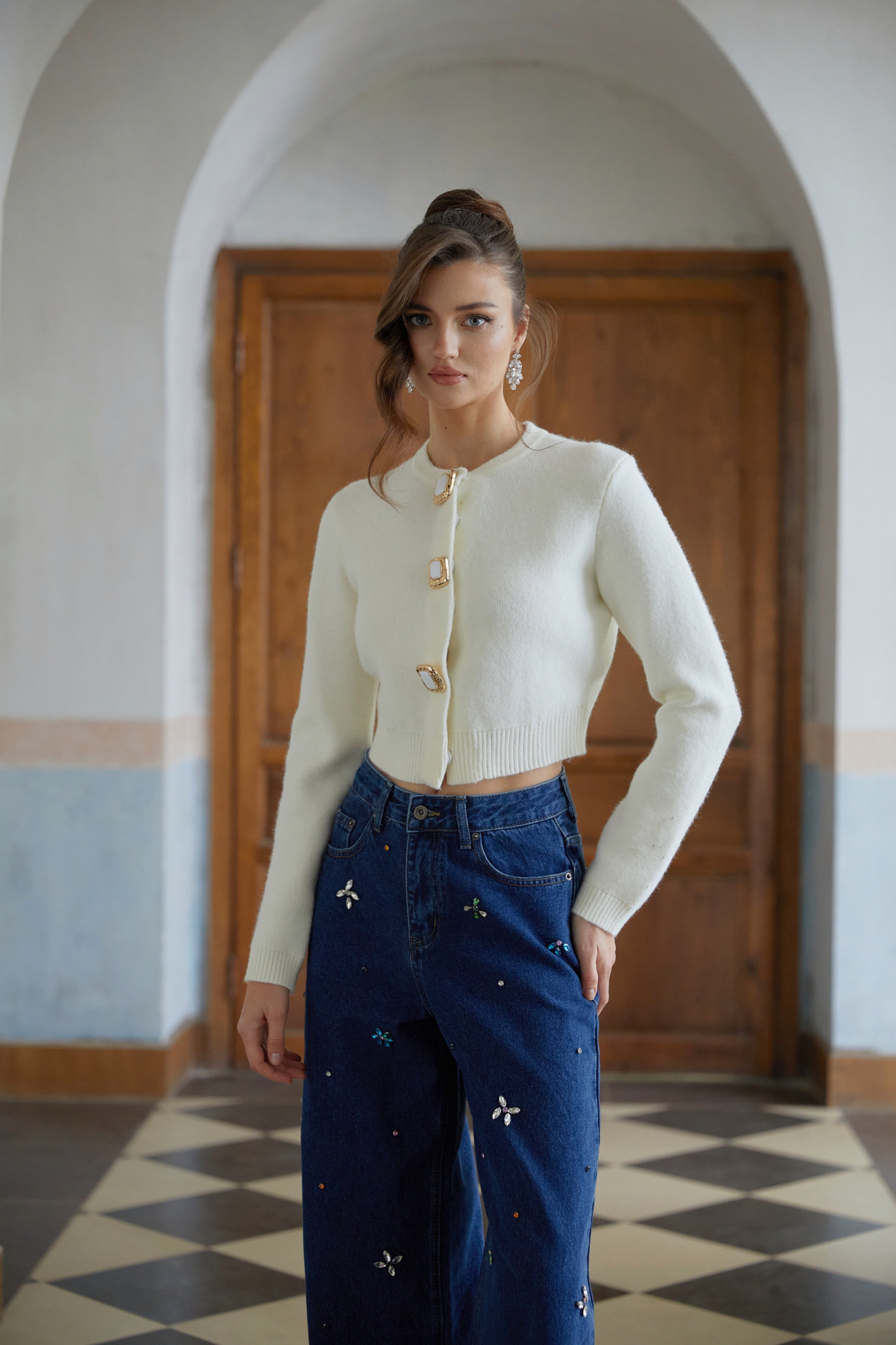Liliana White Cropped Knit Cardigan