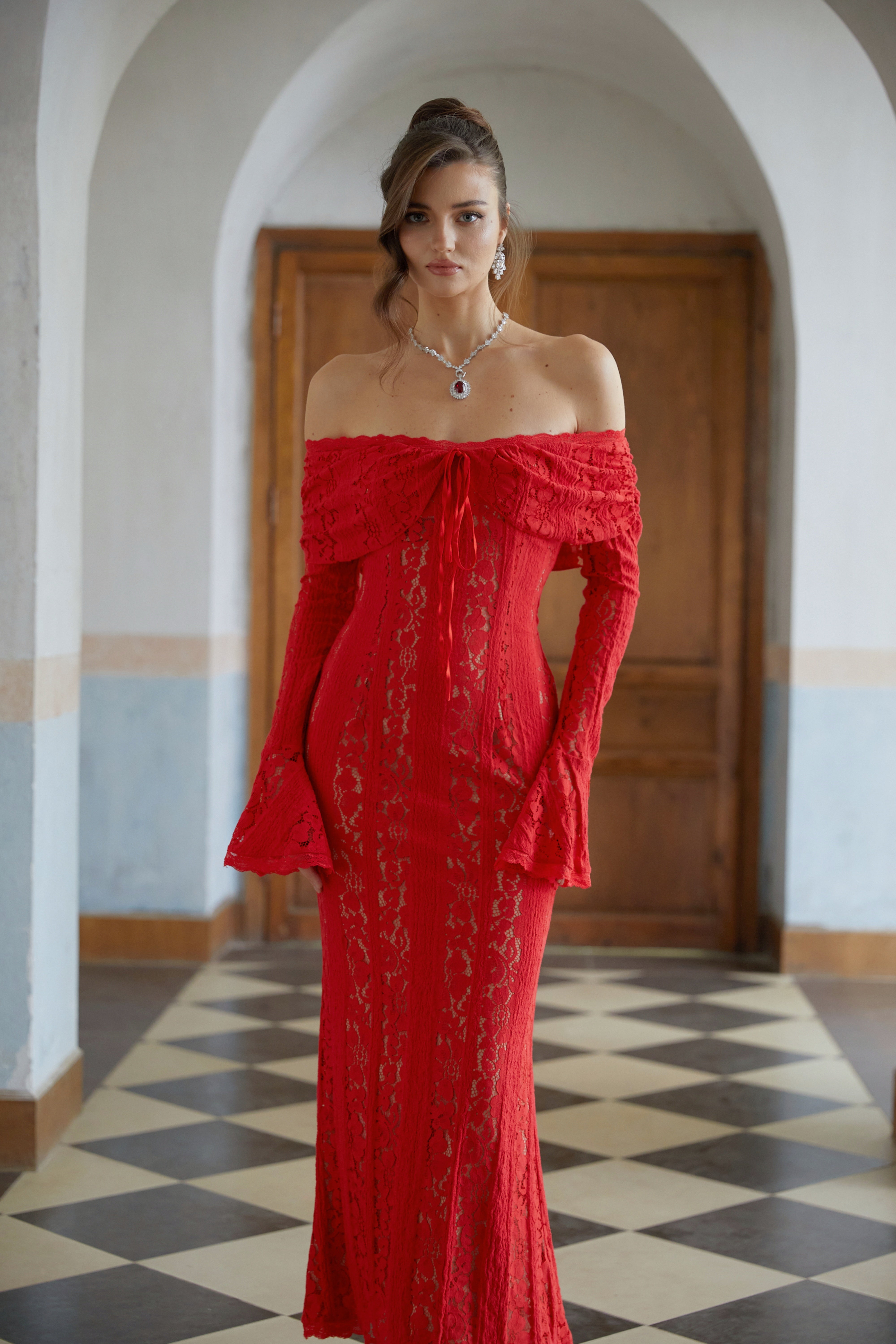 Émeline Red Floral Lace Flared-cuff Midi Dress (Final Sale)