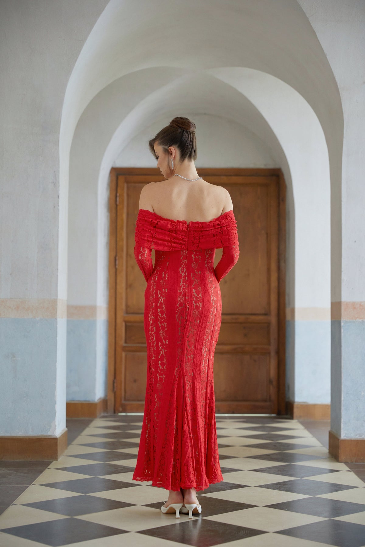 Émeline Red Floral Lace Flared-cuff Midi Dress (Final Sale)