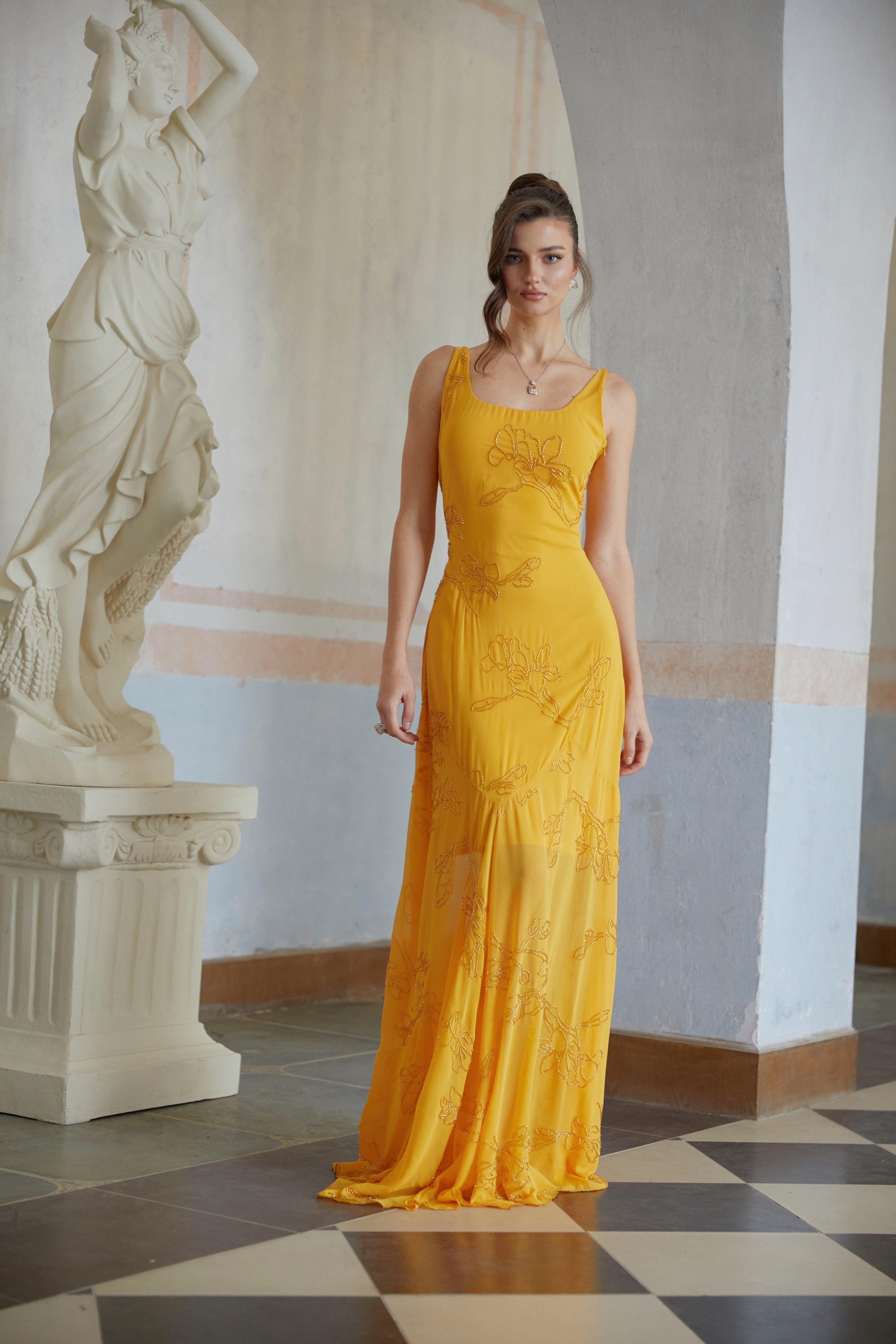 Ellie Yellow Rhinestone Floral Jacquard Maxi Dress
