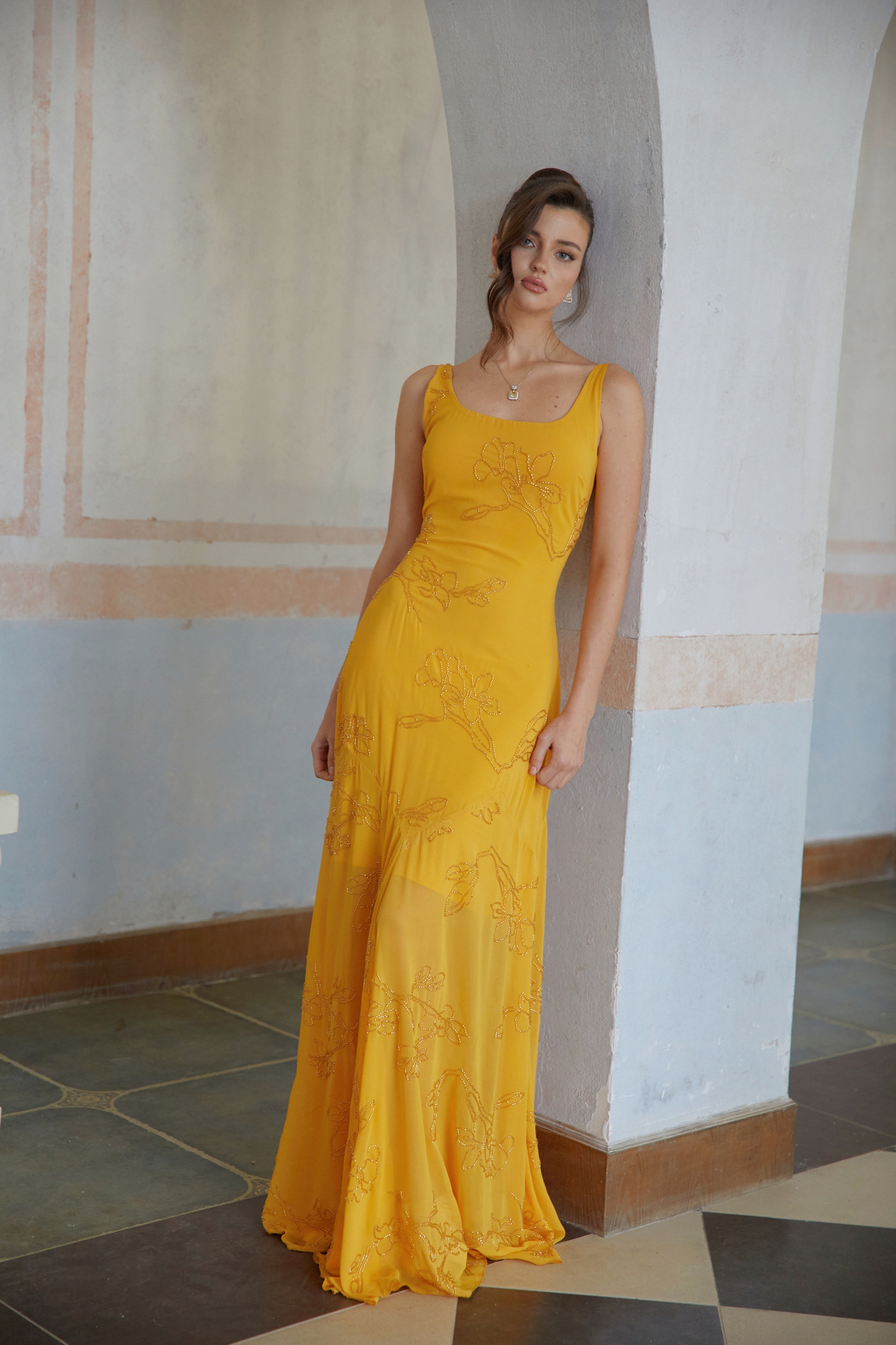 Ellie Yellow Rhinestone Floral Jacquard Maxi Dress