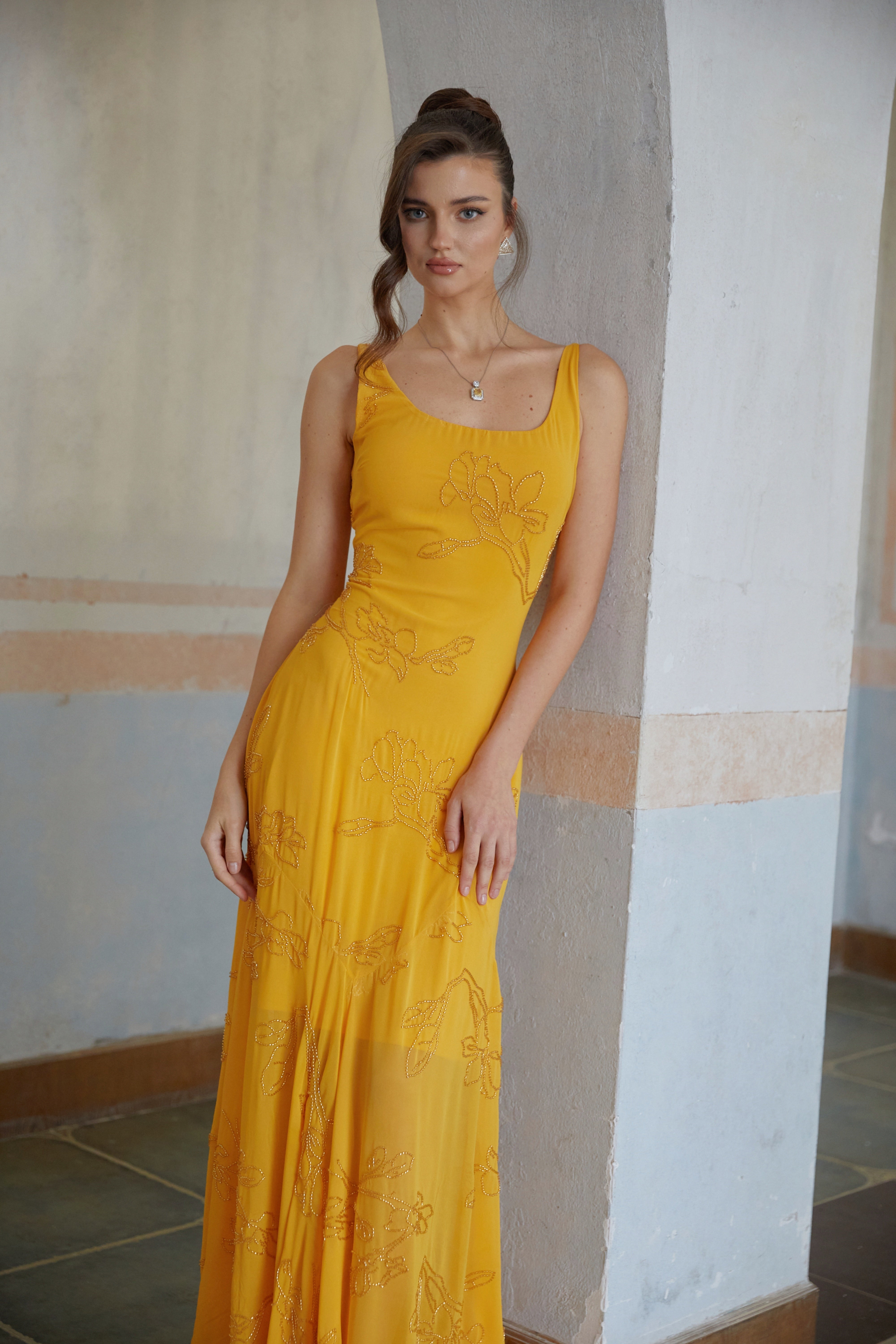 Ellie Yellow Rhinestone Floral Jacquard Maxi Dress