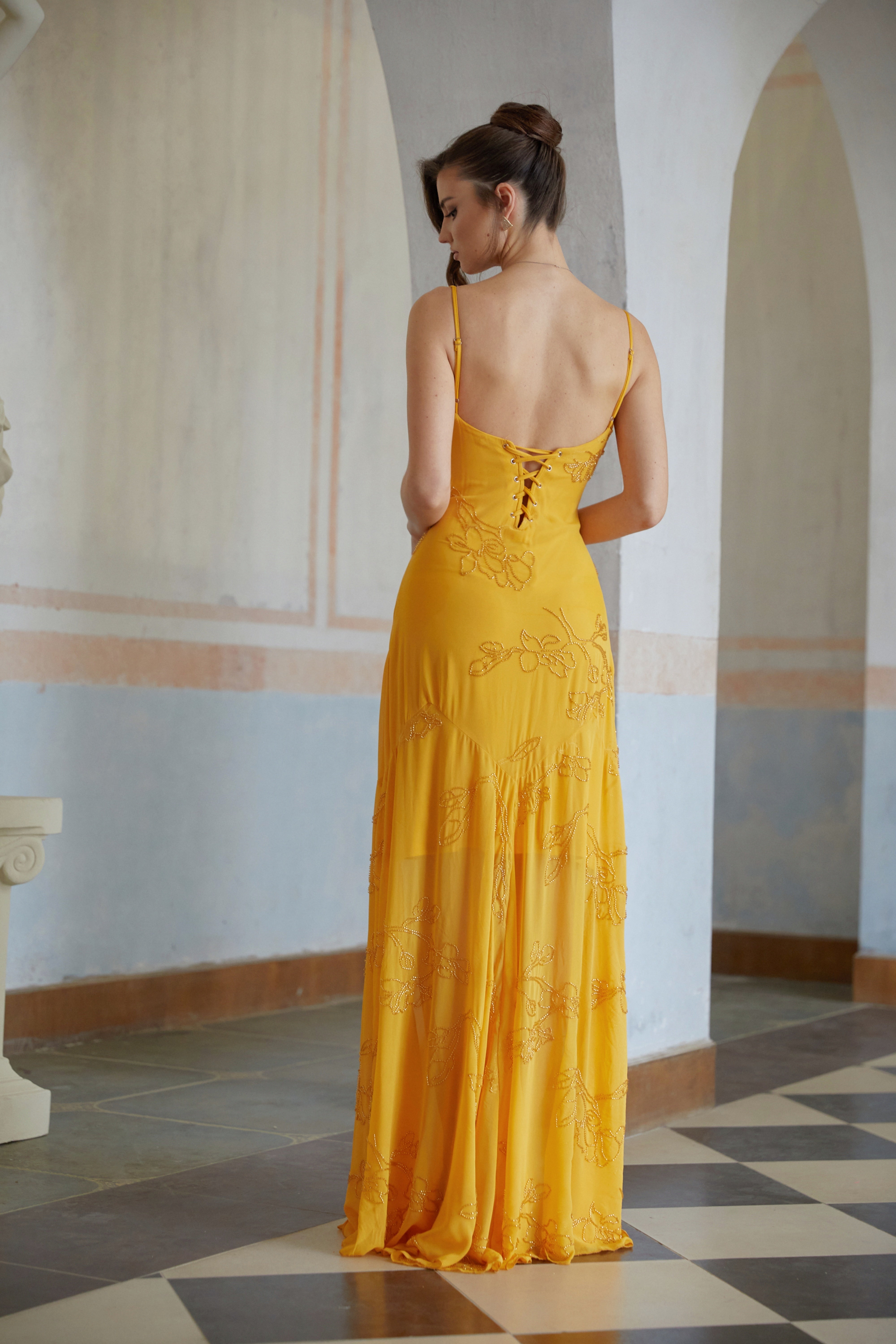 Ellie Yellow Rhinestone Floral Jacquard Maxi Dress