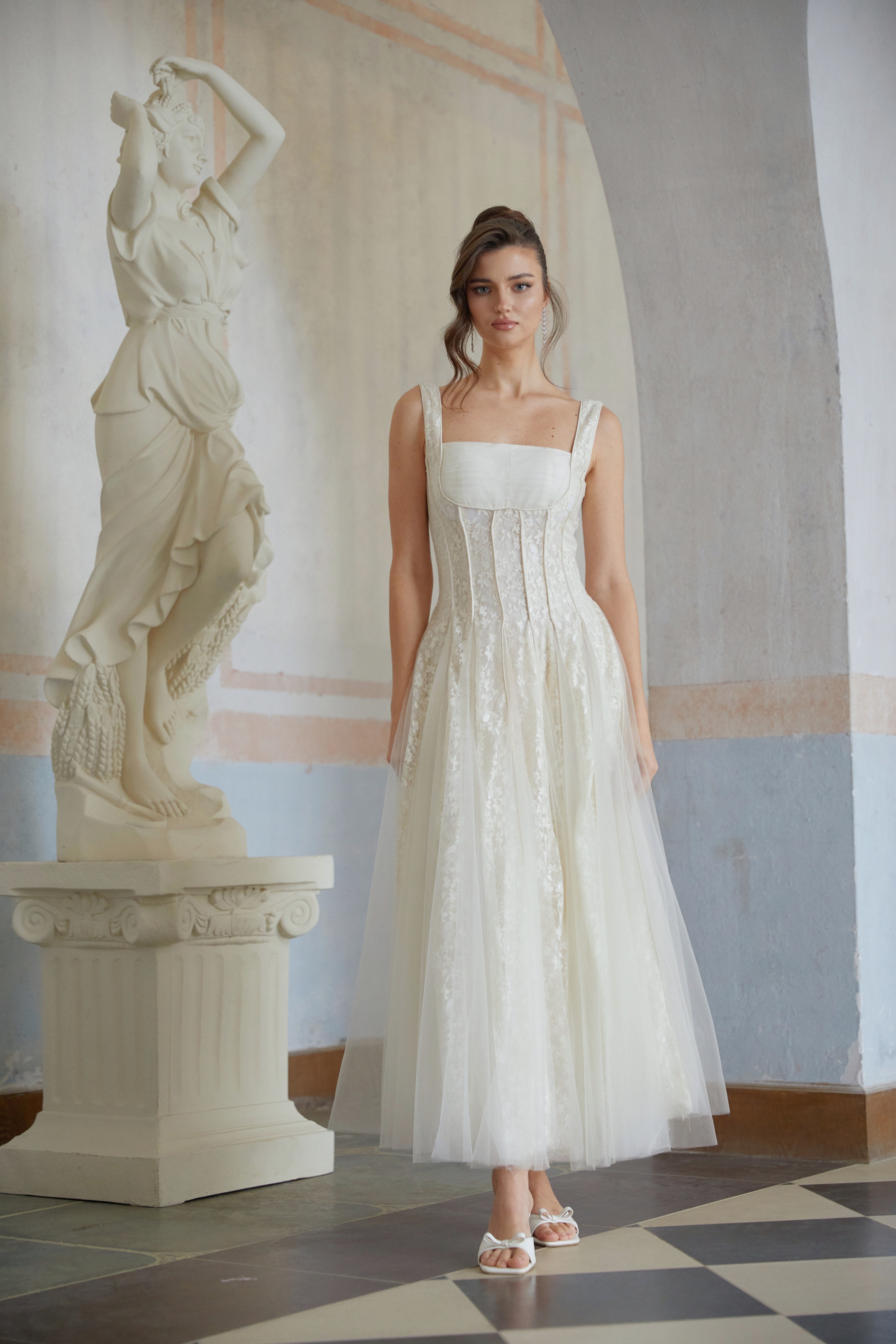 Fiadh Neutral Tulle Panel Lace Maxi Dress