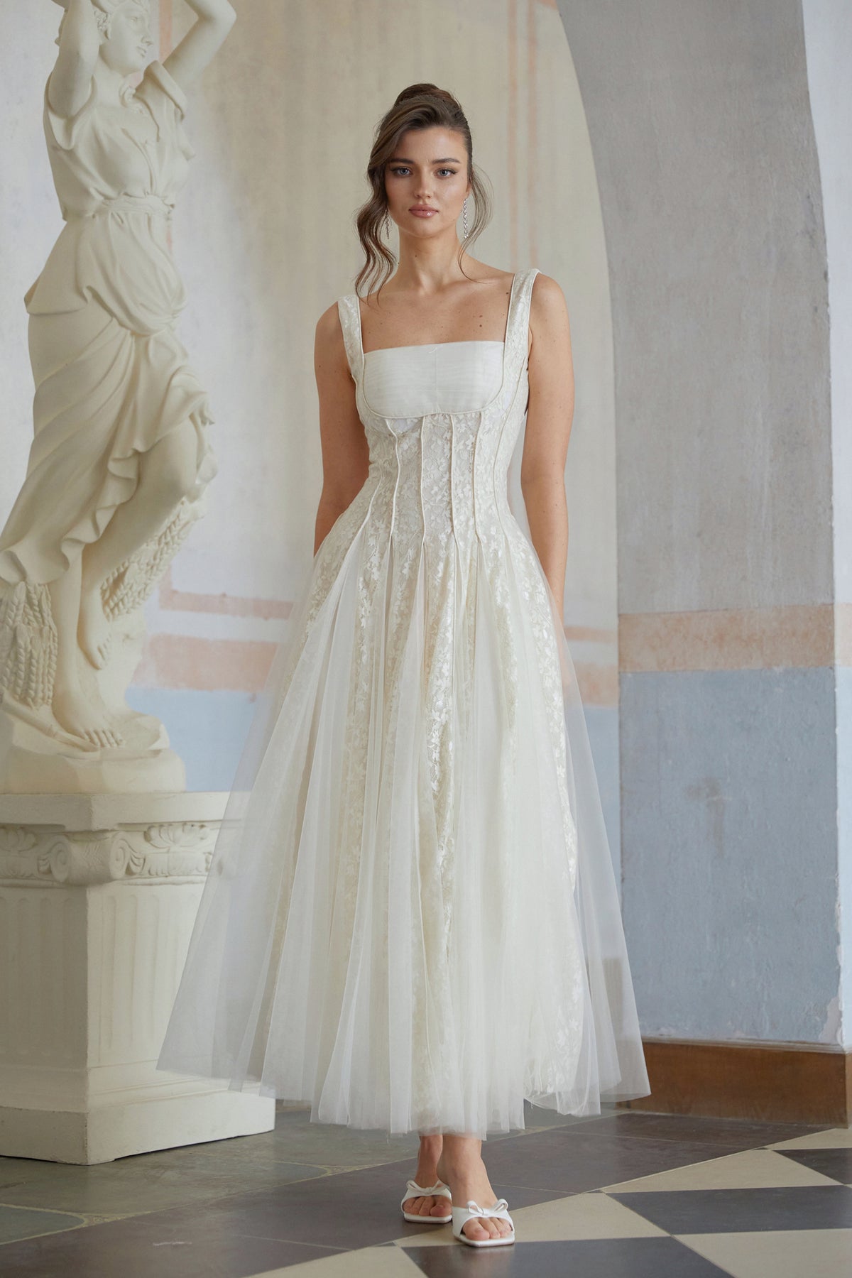 Fiadh Neutral Tulle Panel Lace Maxi Dress
