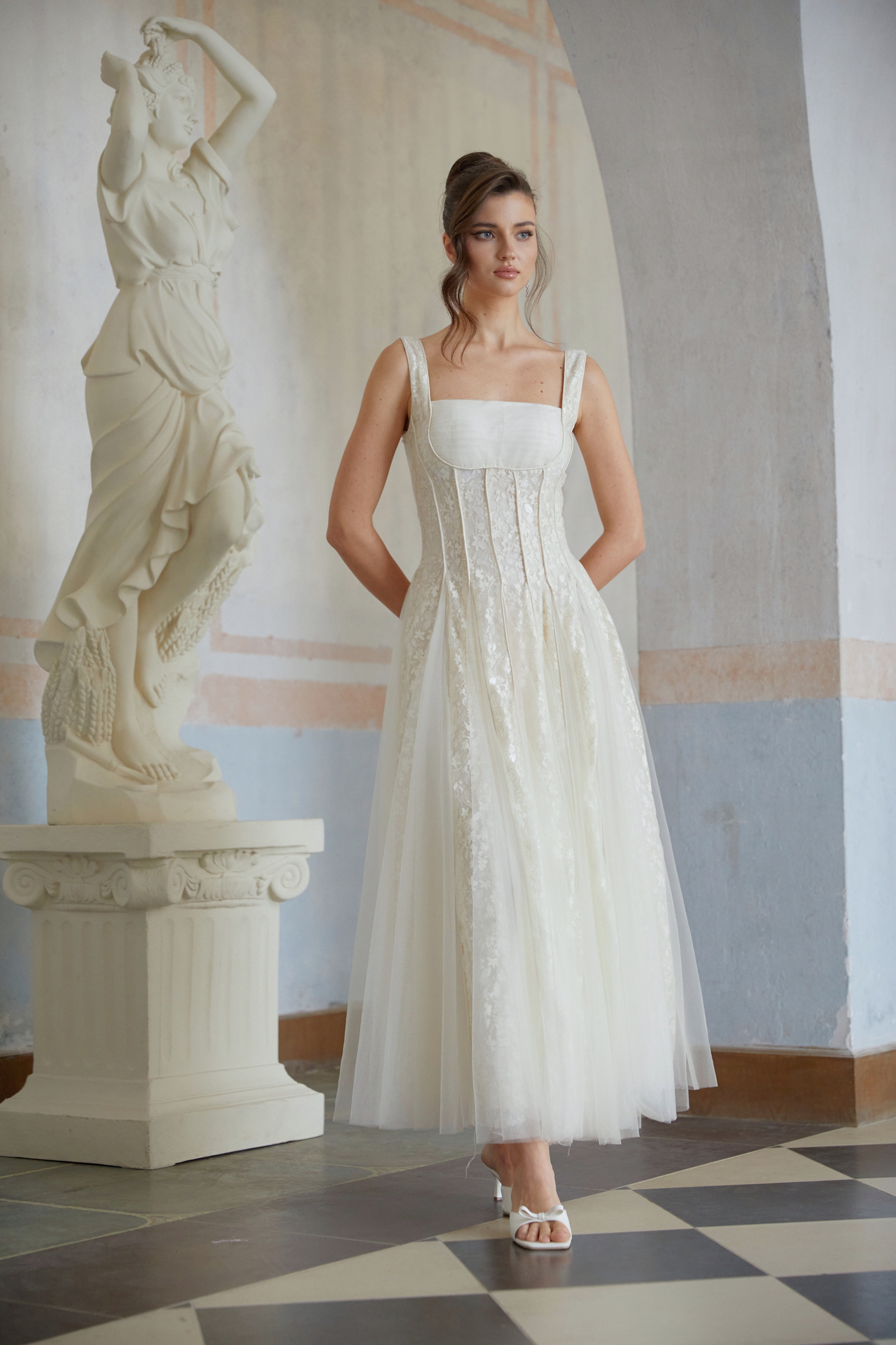 Fiadh Neutral Tulle Panel Lace Maxi Dress