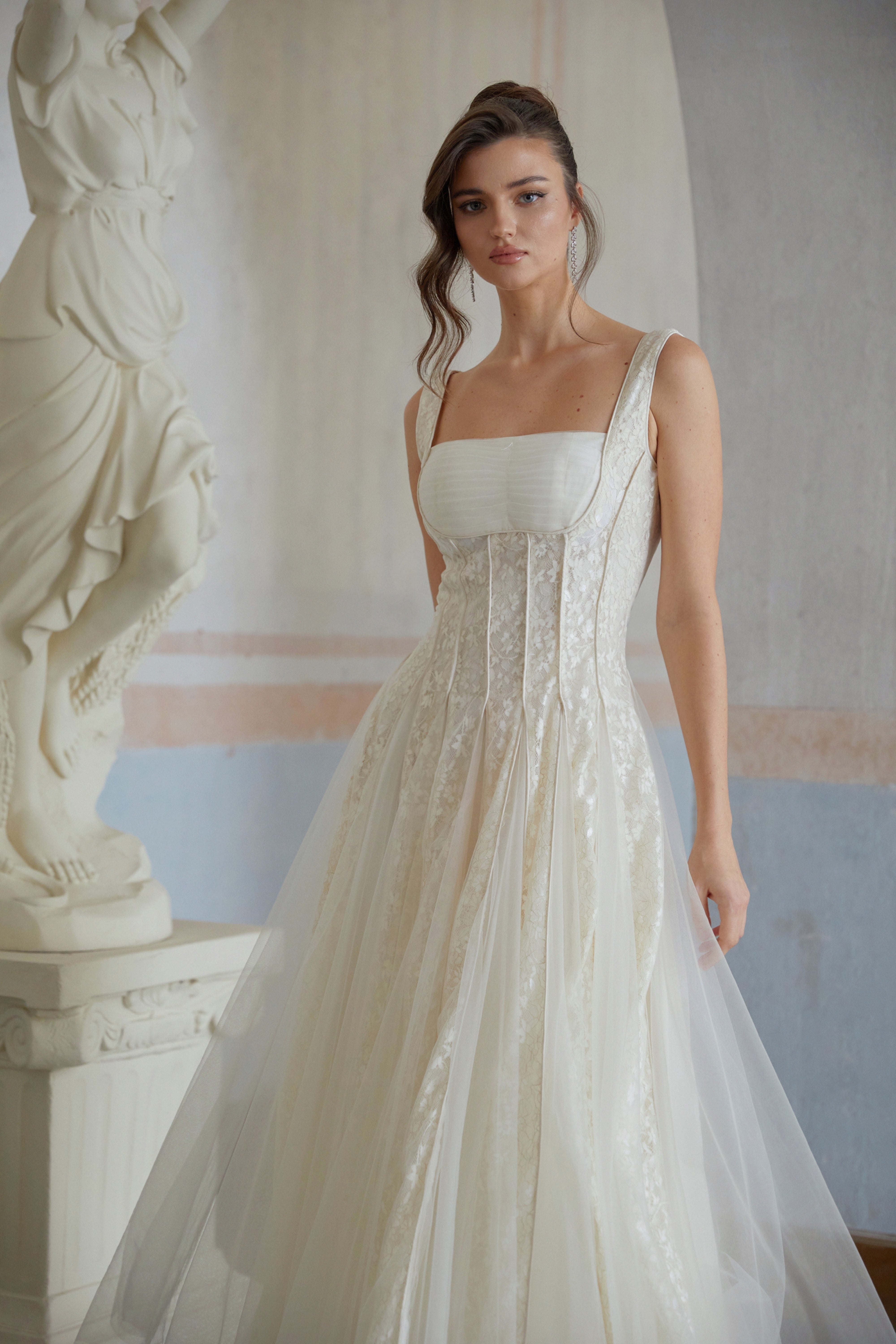 Fiadh Neutral Tulle Panel Lace Maxi Dress