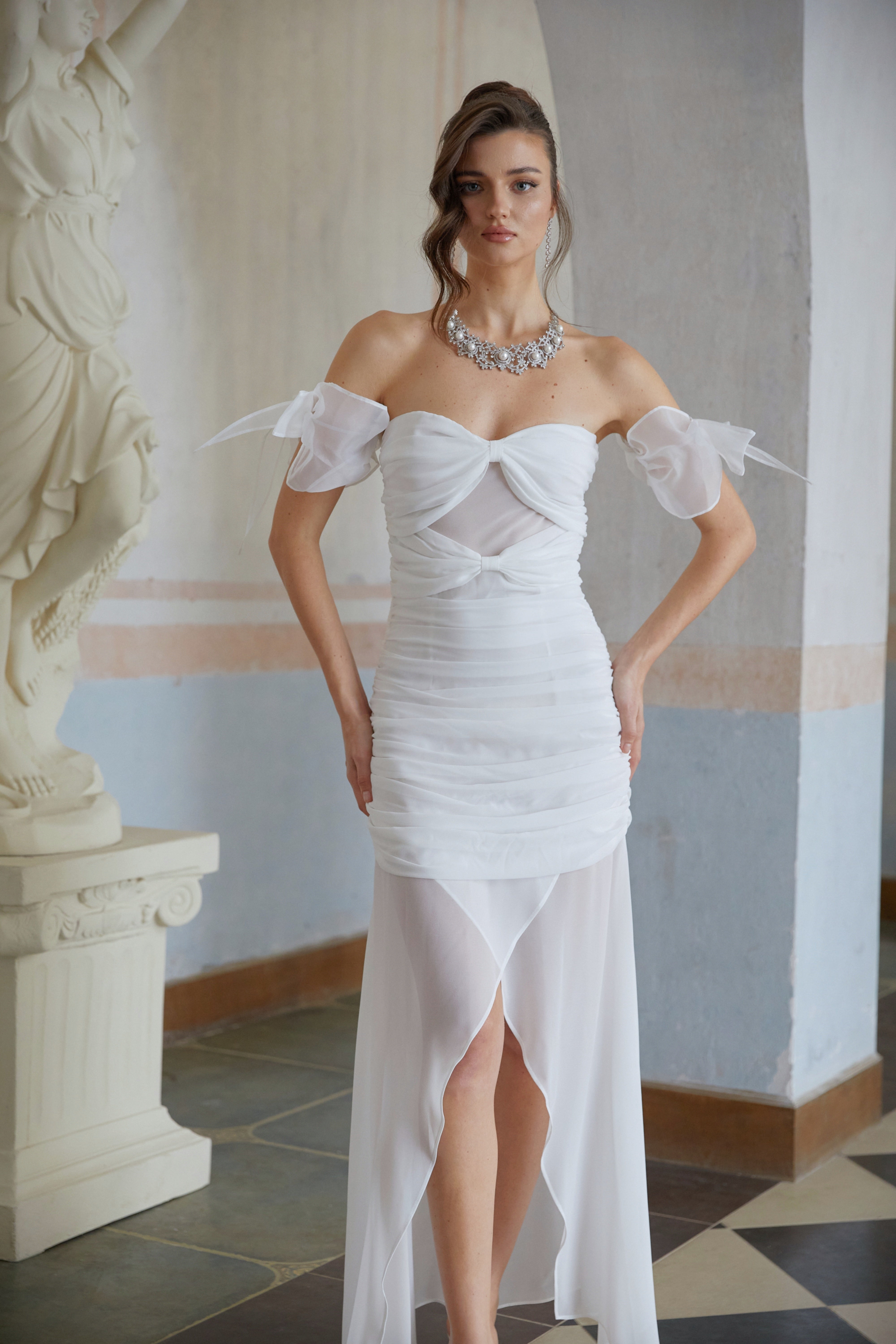 Brândușa White Bowknot Ruched Chiffon Midi Dress (Final Sale)