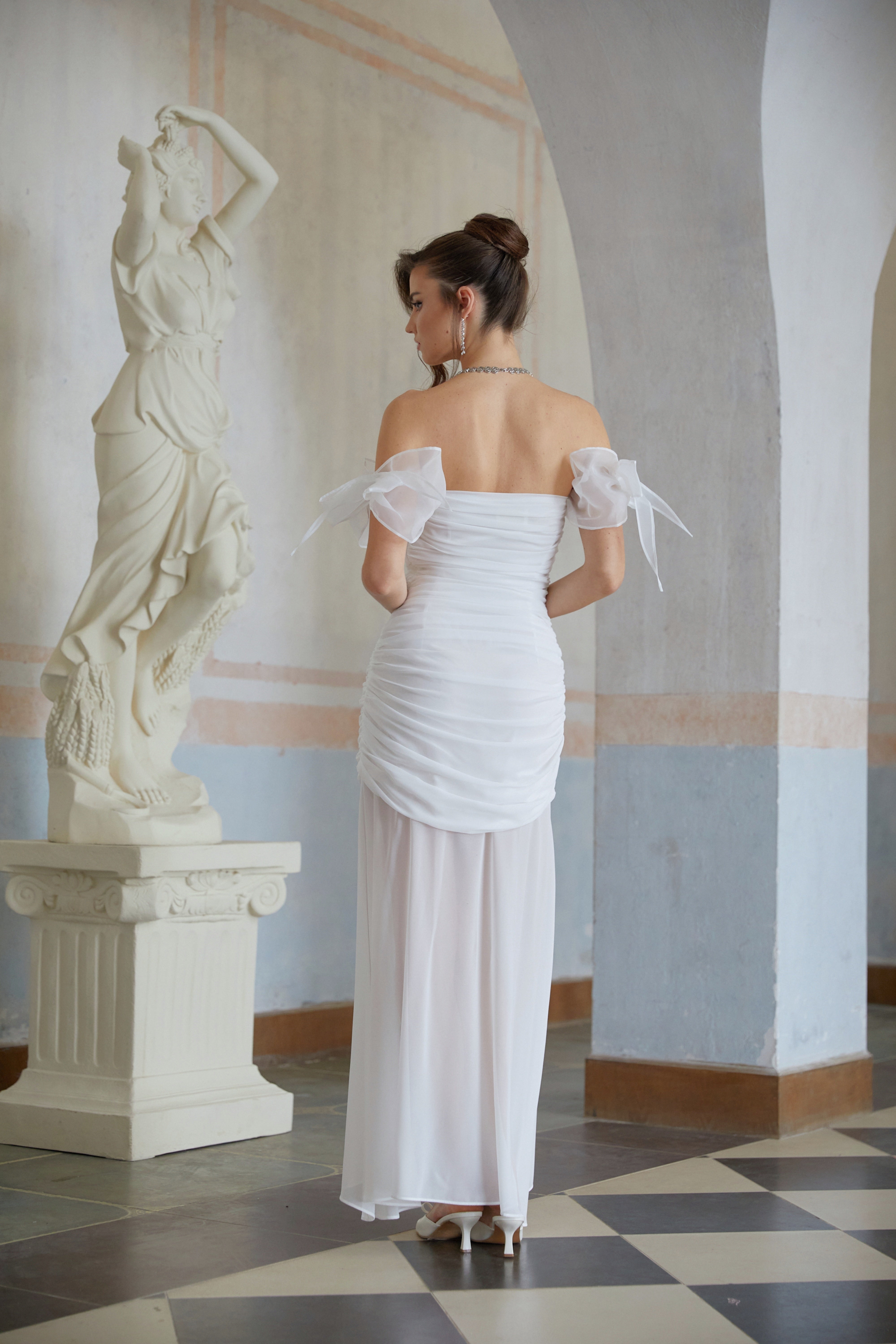 Brândușa White Bowknot Ruched Chiffon Midi Dress (Final Sale)