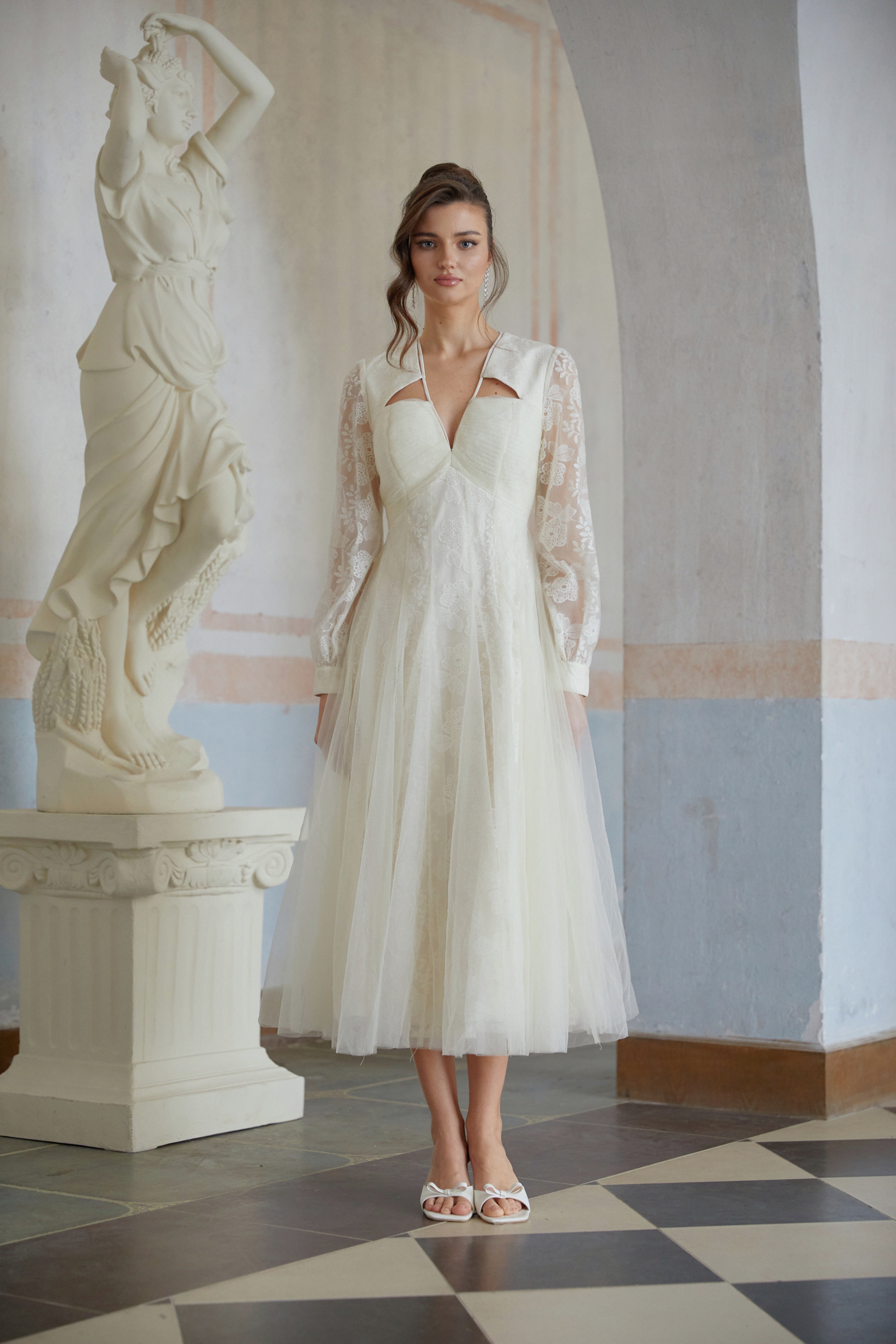 Eirlys White Floral Lace Tulle Midi Dress
