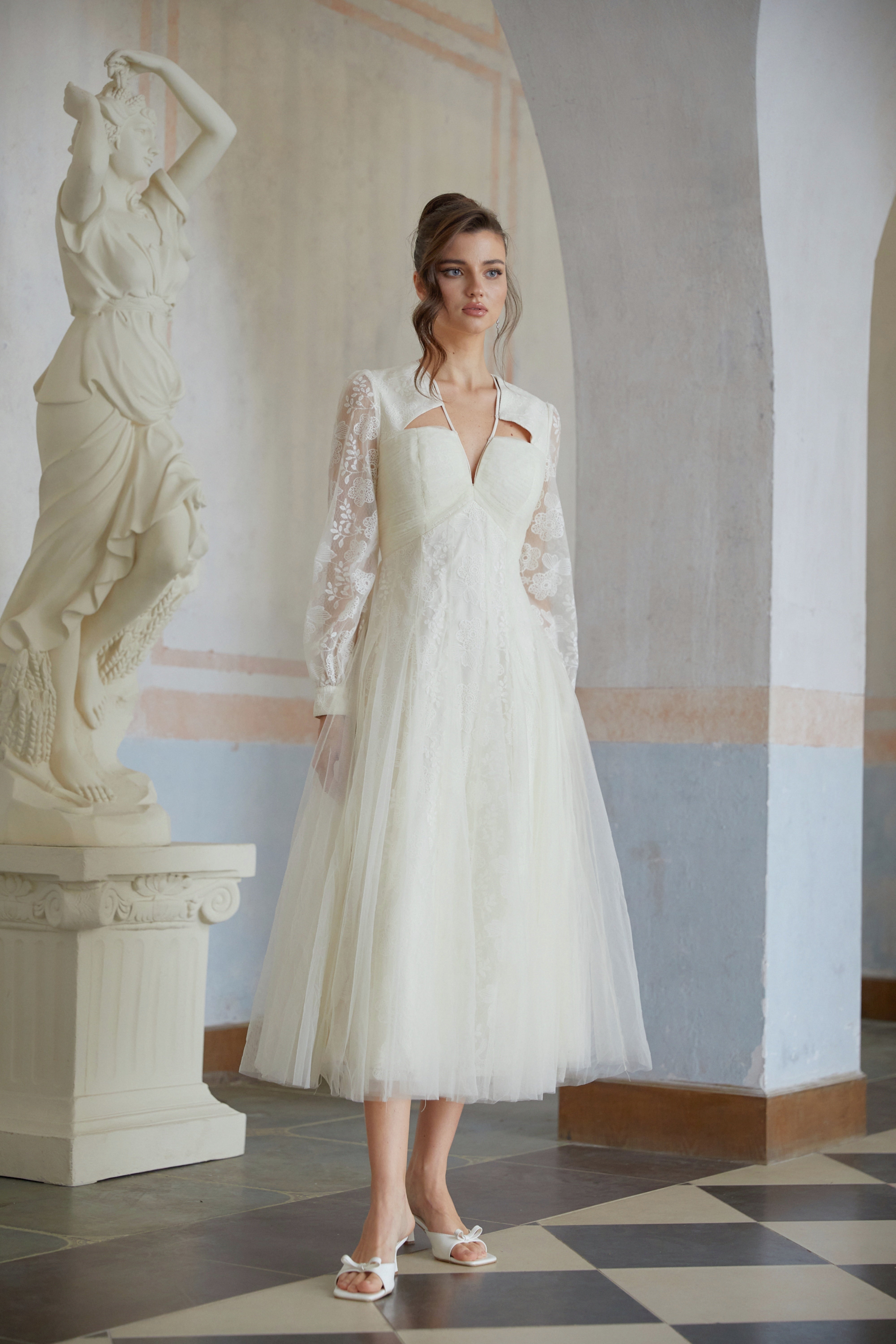 Eirlys White Floral Lace Tulle Midi Dress