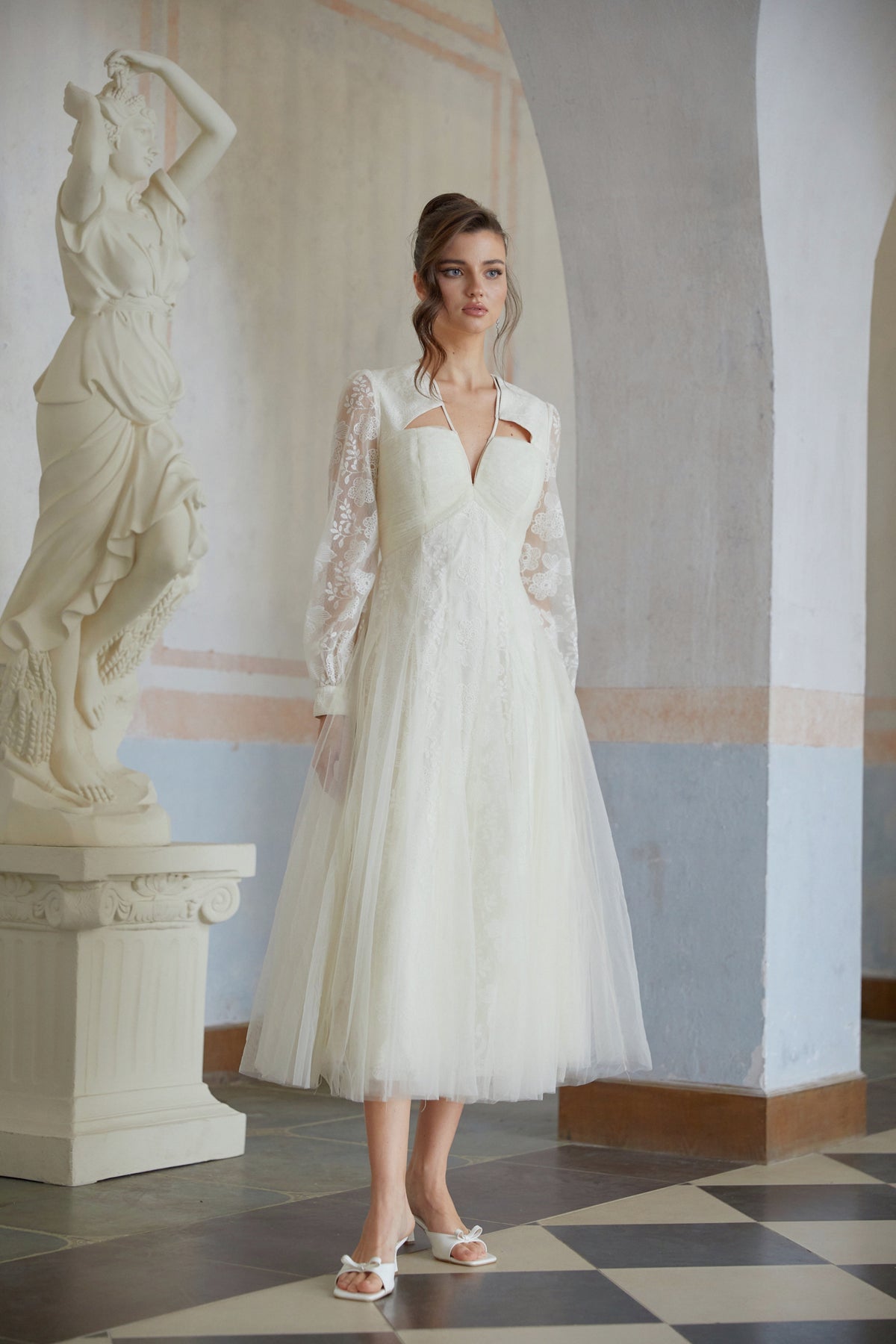 Eirlys White Floral Lace Tulle Midi Dress (Final Sale)