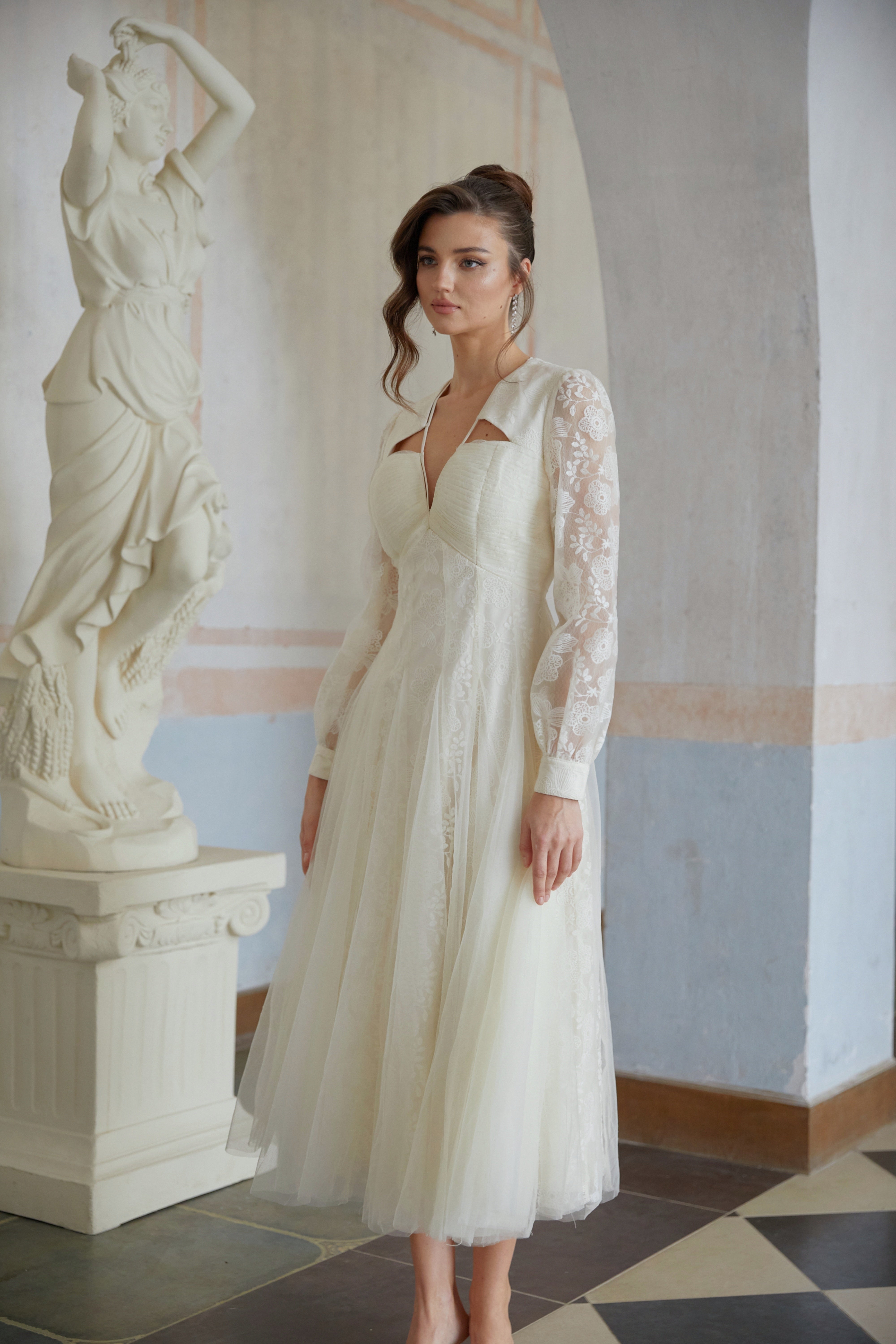 Eirlys White Floral Lace Tulle Midi Dress