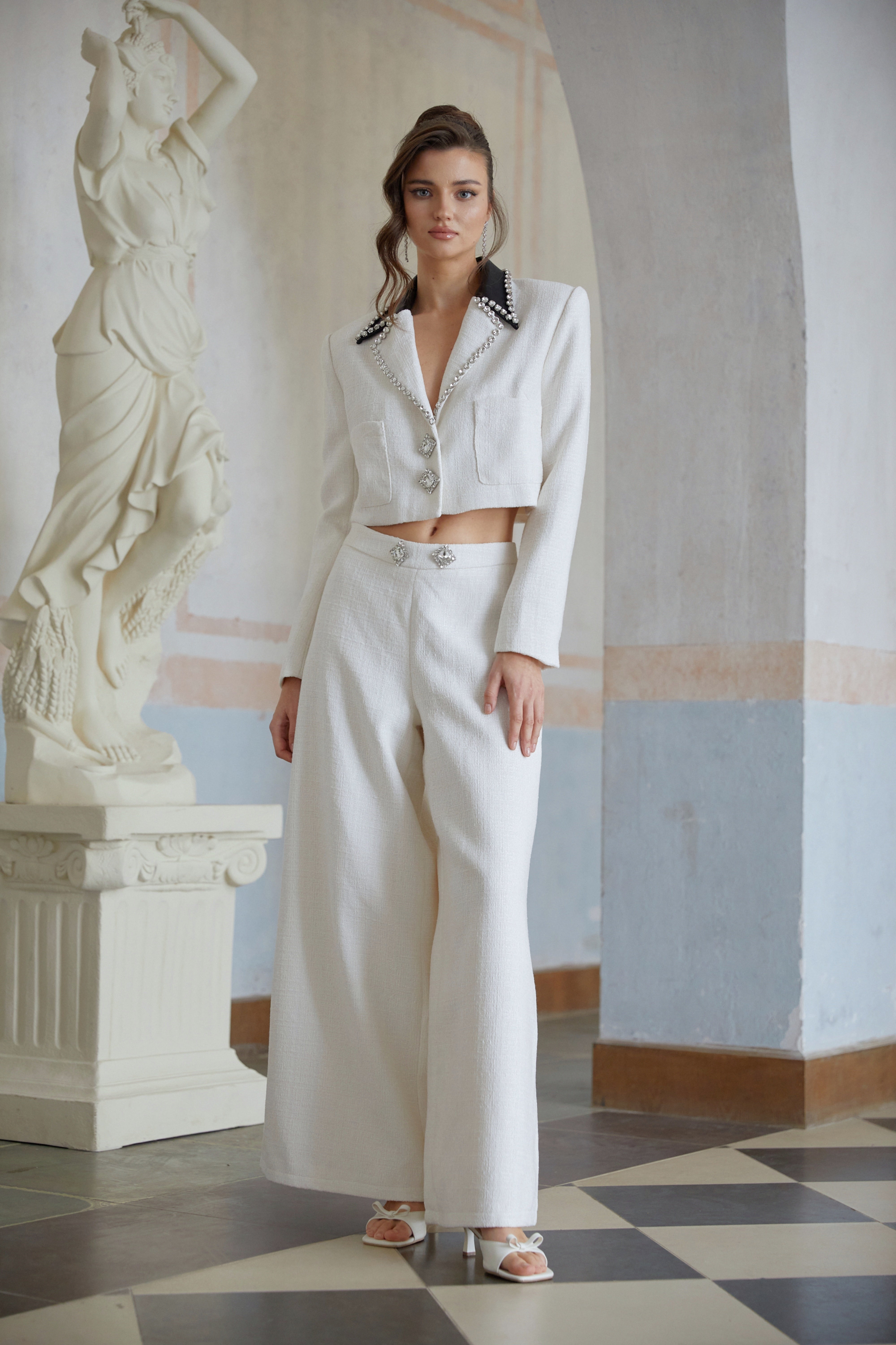 Tindra White Embellished Tweed Jacket & Trousers Set