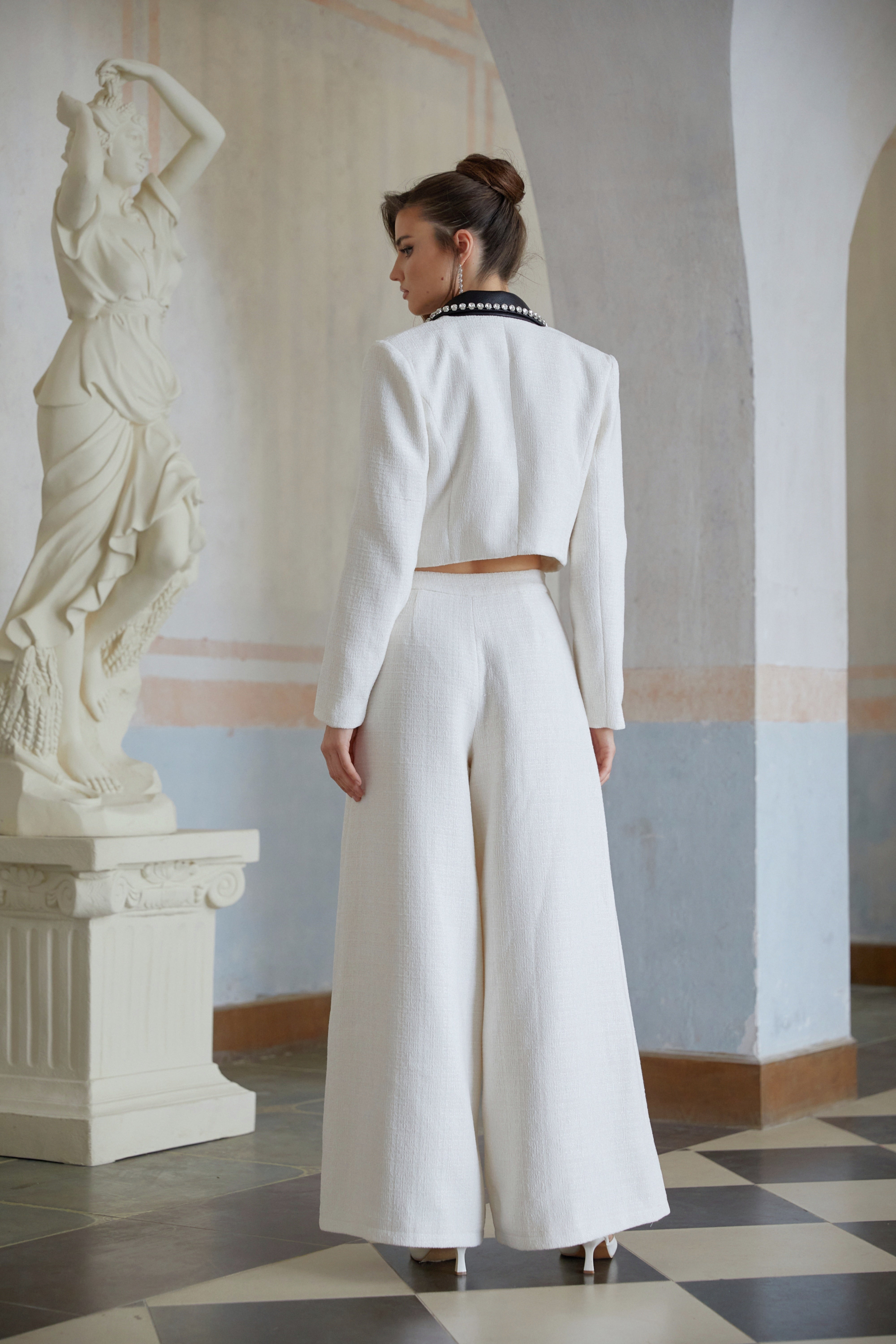 Tindra White Embellished Tweed Jacket & Trousers Set