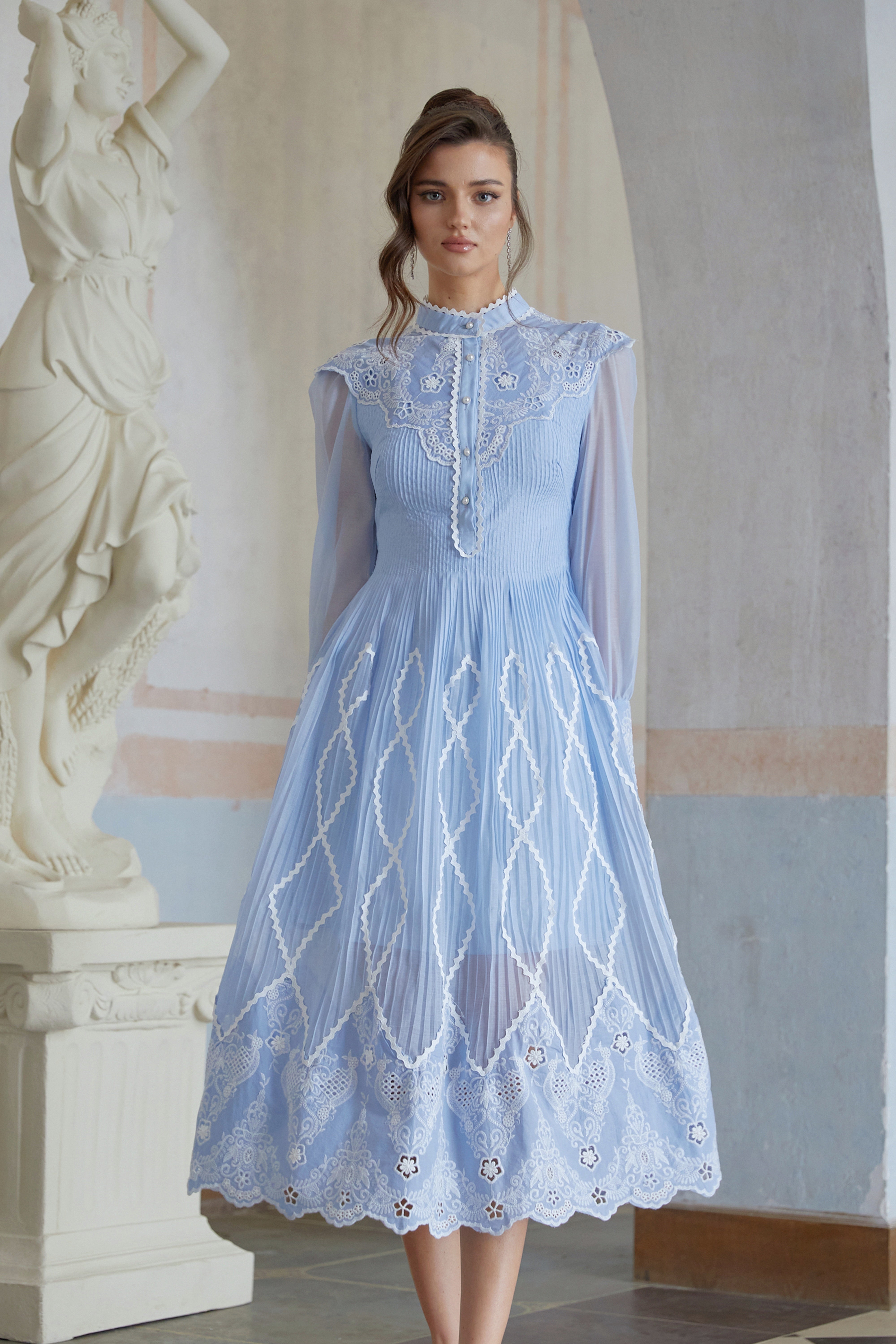 Francesca Blue Lace Trim Pleated Midi Dress (Final Sale-US Only)