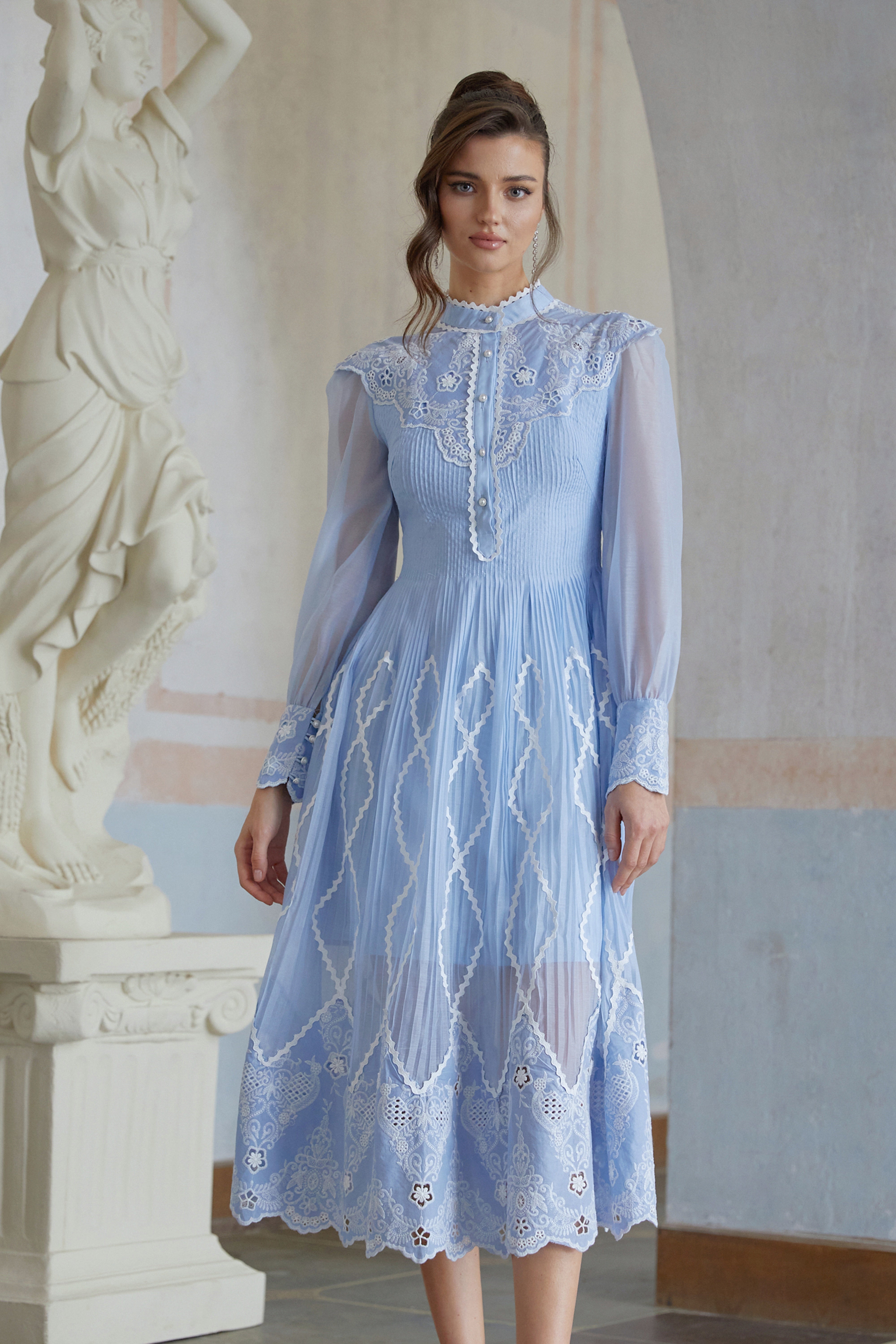 Francesca Blue Lace Trim Pleated Midi Dress (Final Sale-US Only)