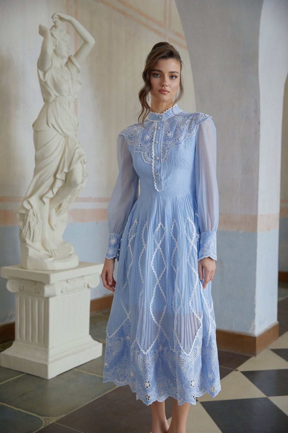 Francesca Blue Lace Trim Pleated Midi Dress