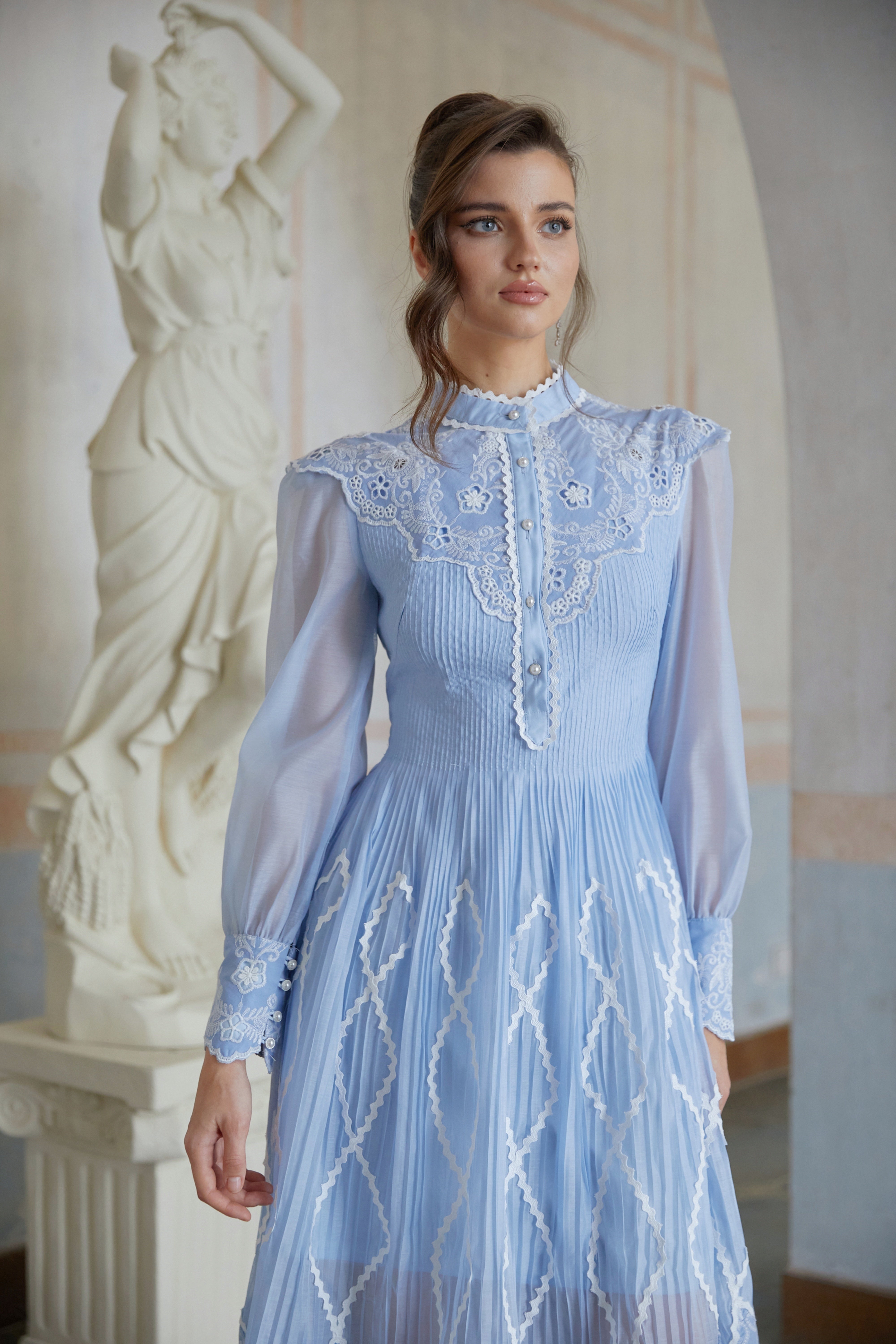 Francesca Blue Lace Trim Pleated Midi Dress (Final Sale-US Only)