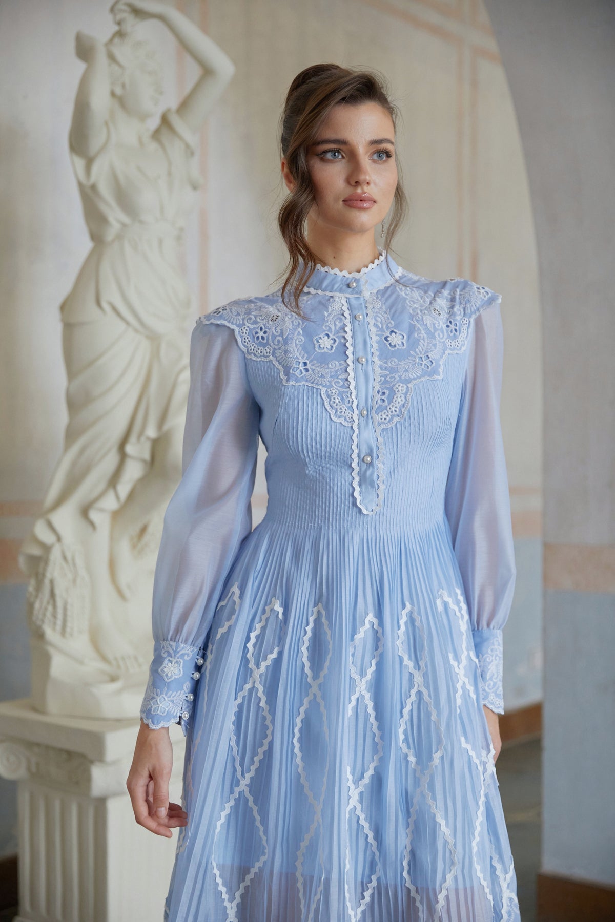 Francesca Blue Lace Trim Pleated Midi Dress