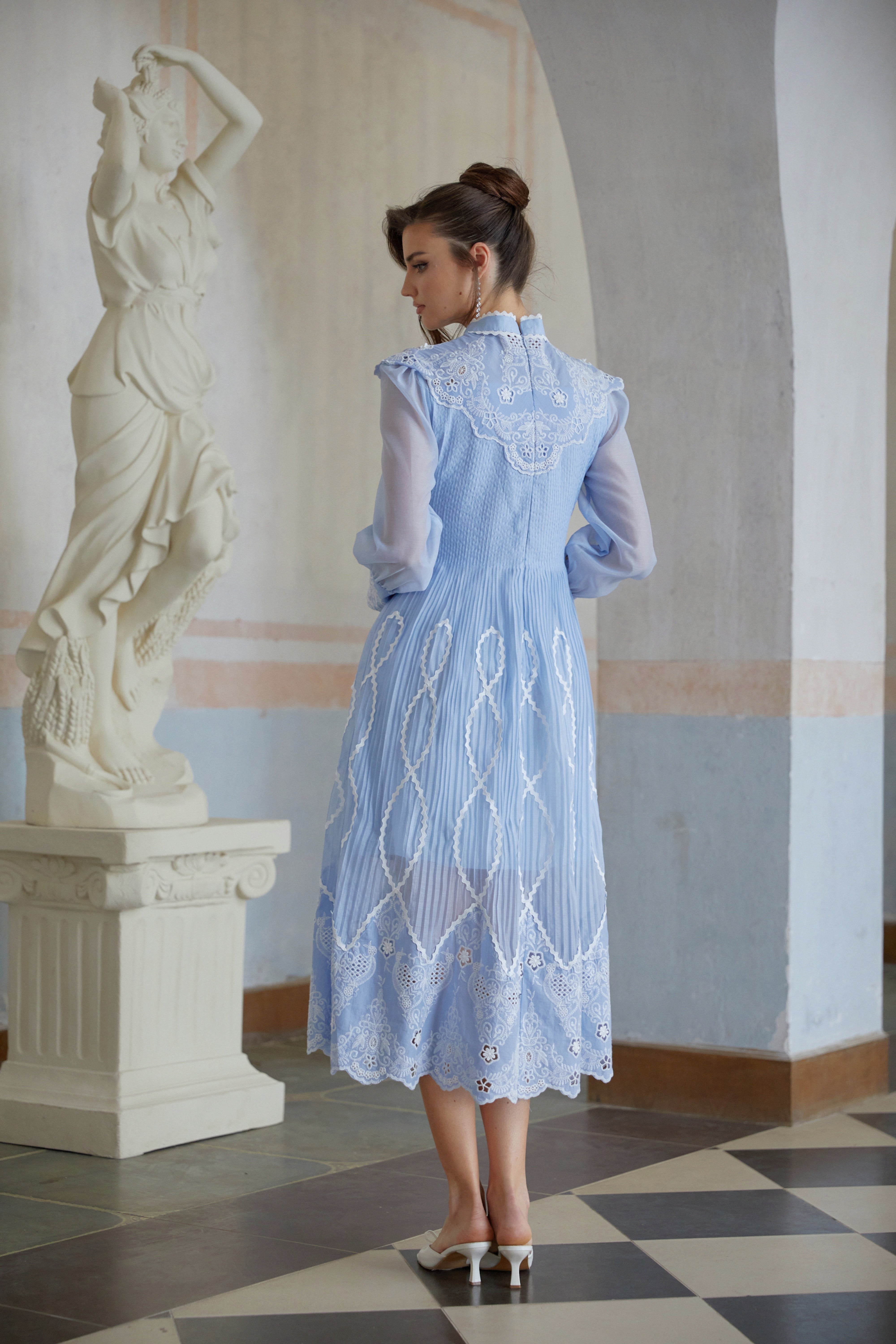 Francesca Blue Lace Trim Pleated Midi Dress