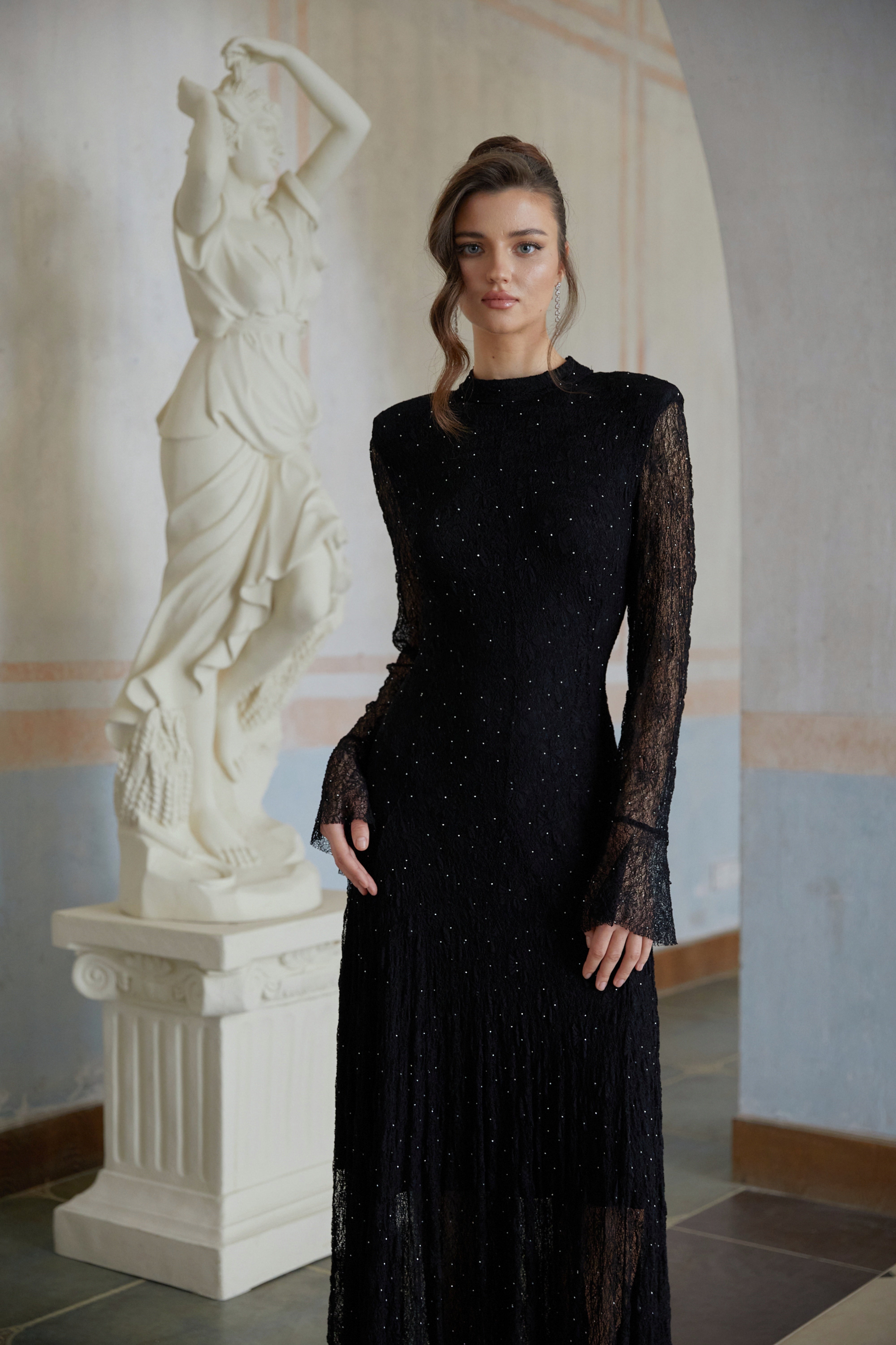 Justyna Black Rhinestone Guipure Lace Maxi Dress