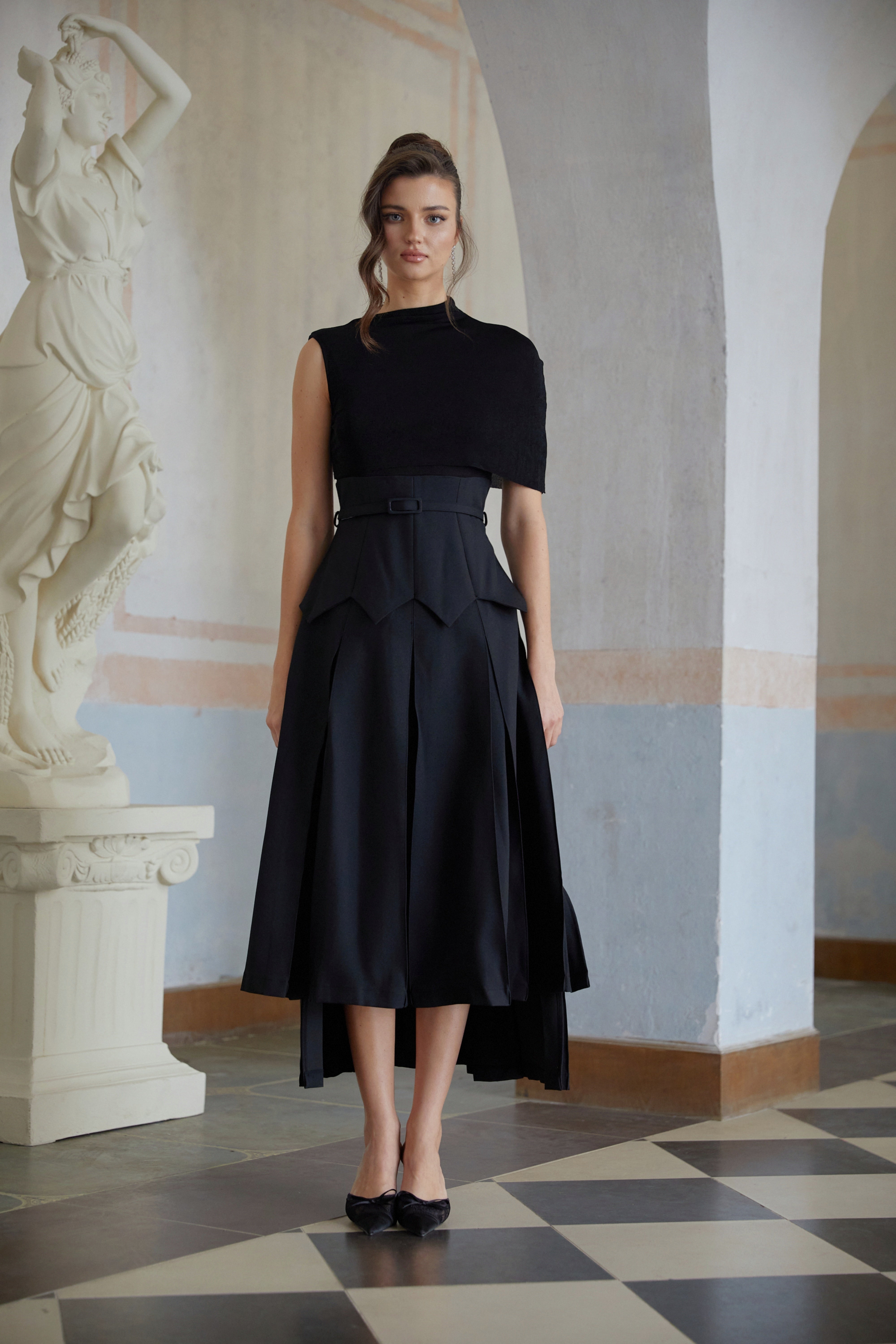 Éabha Black Asymmetrical Shawl Layered Midi Dress (Final Sale)