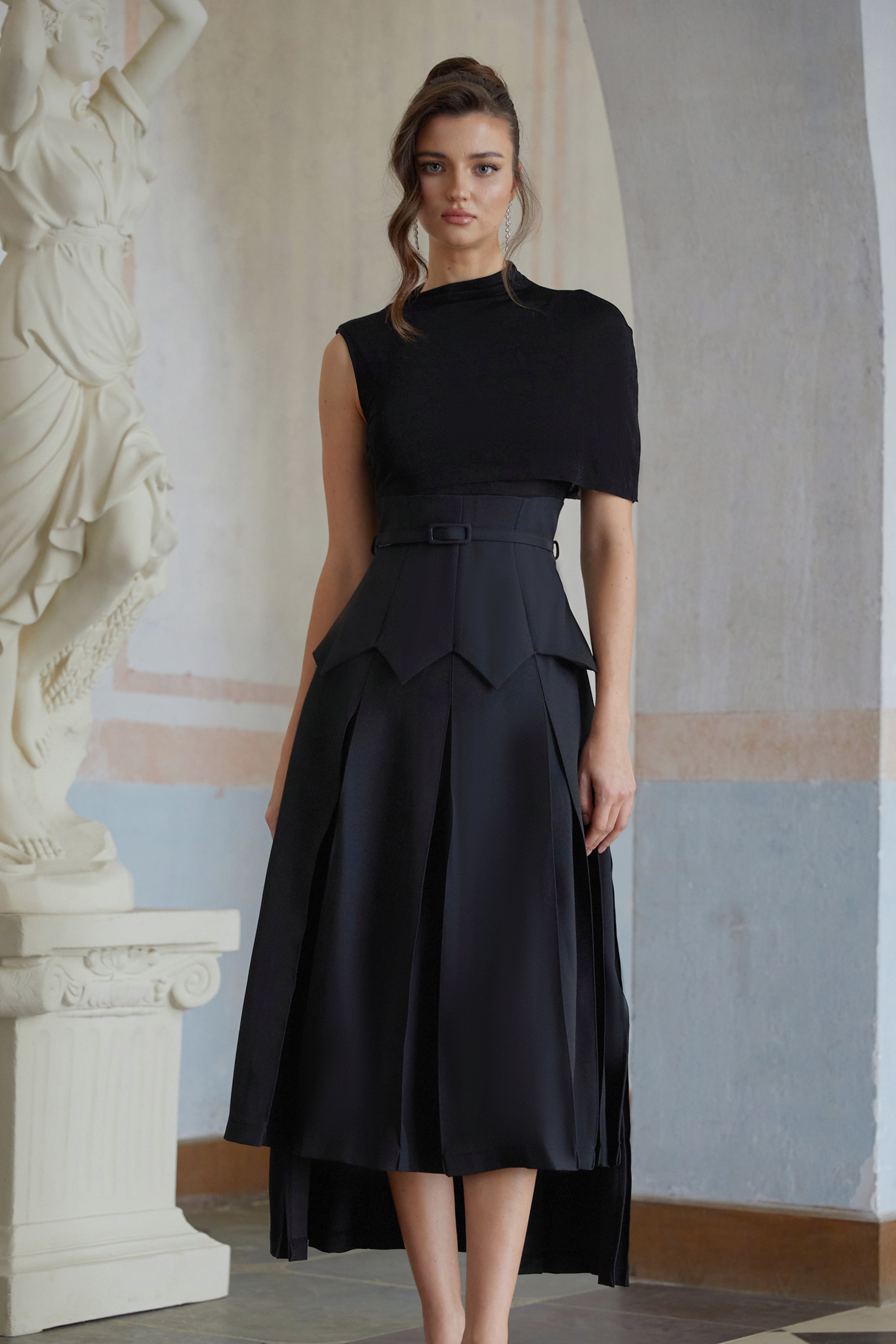 Éabha Black Asymmetrical Shawl Layered Midi Dress (Final Sale)