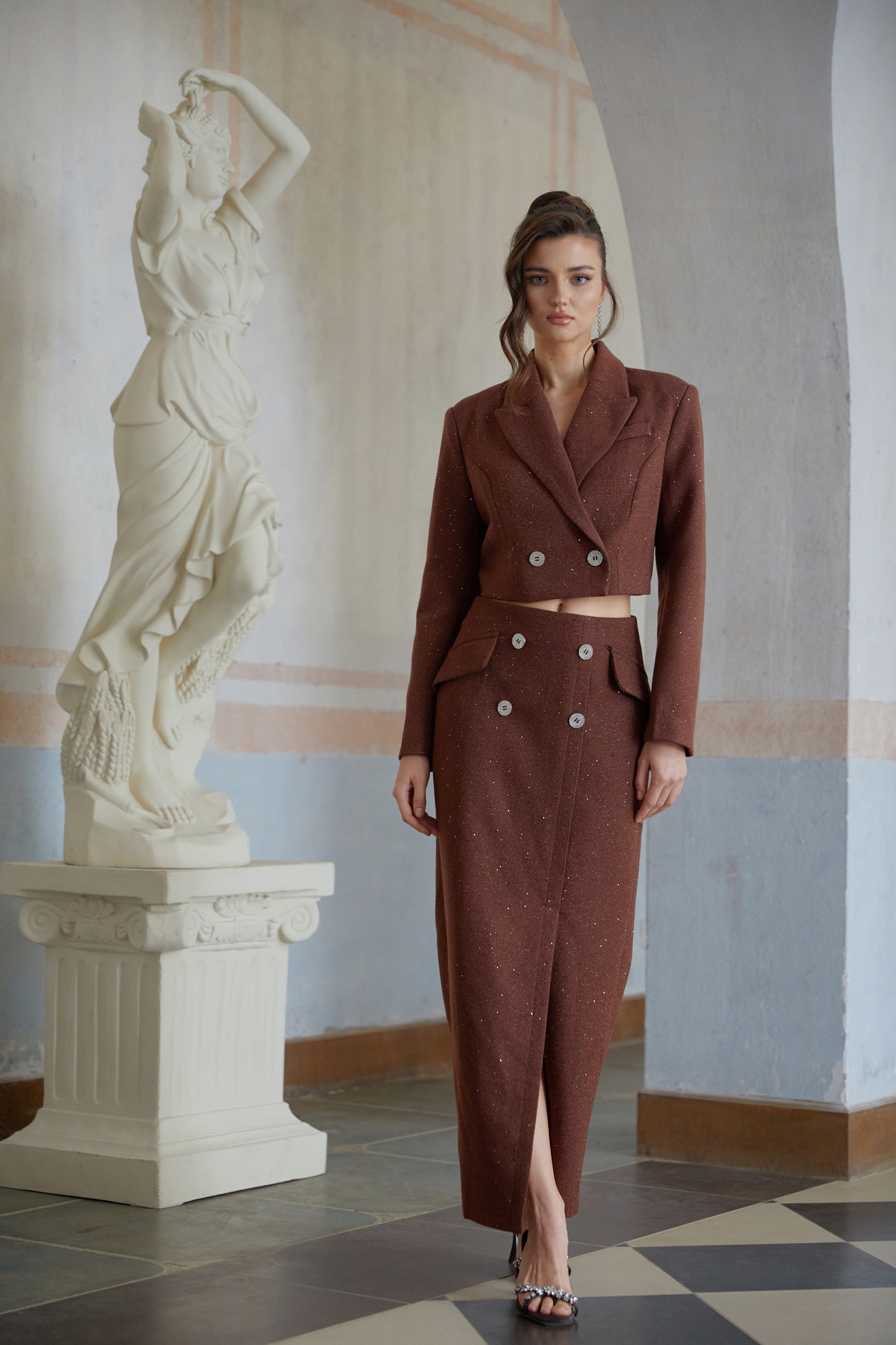 Emilía Brown Sequined Double-Breasted Jacket & Skirt Set