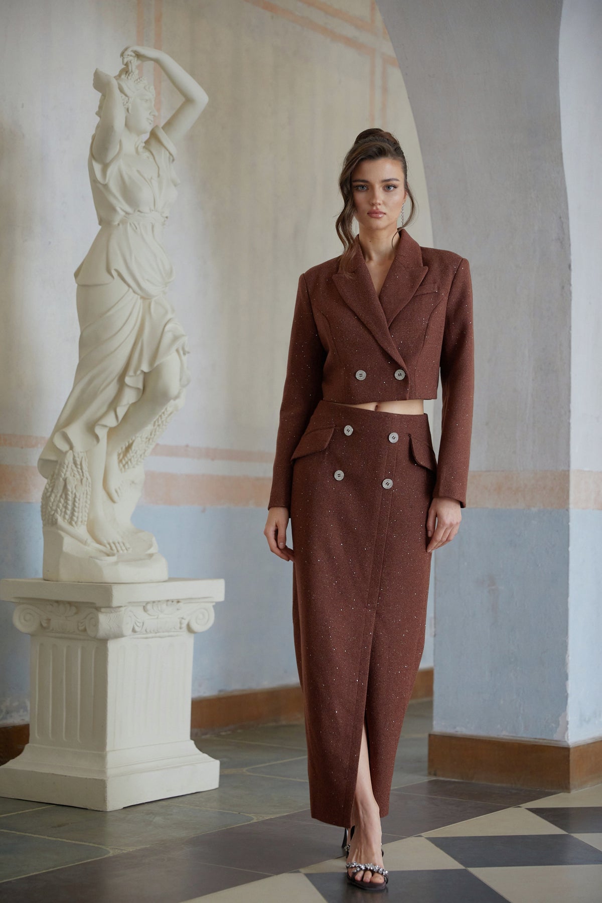 Emilía Brown Sequined Double-Breasted Jacket & Skirt Set (Final Sale)