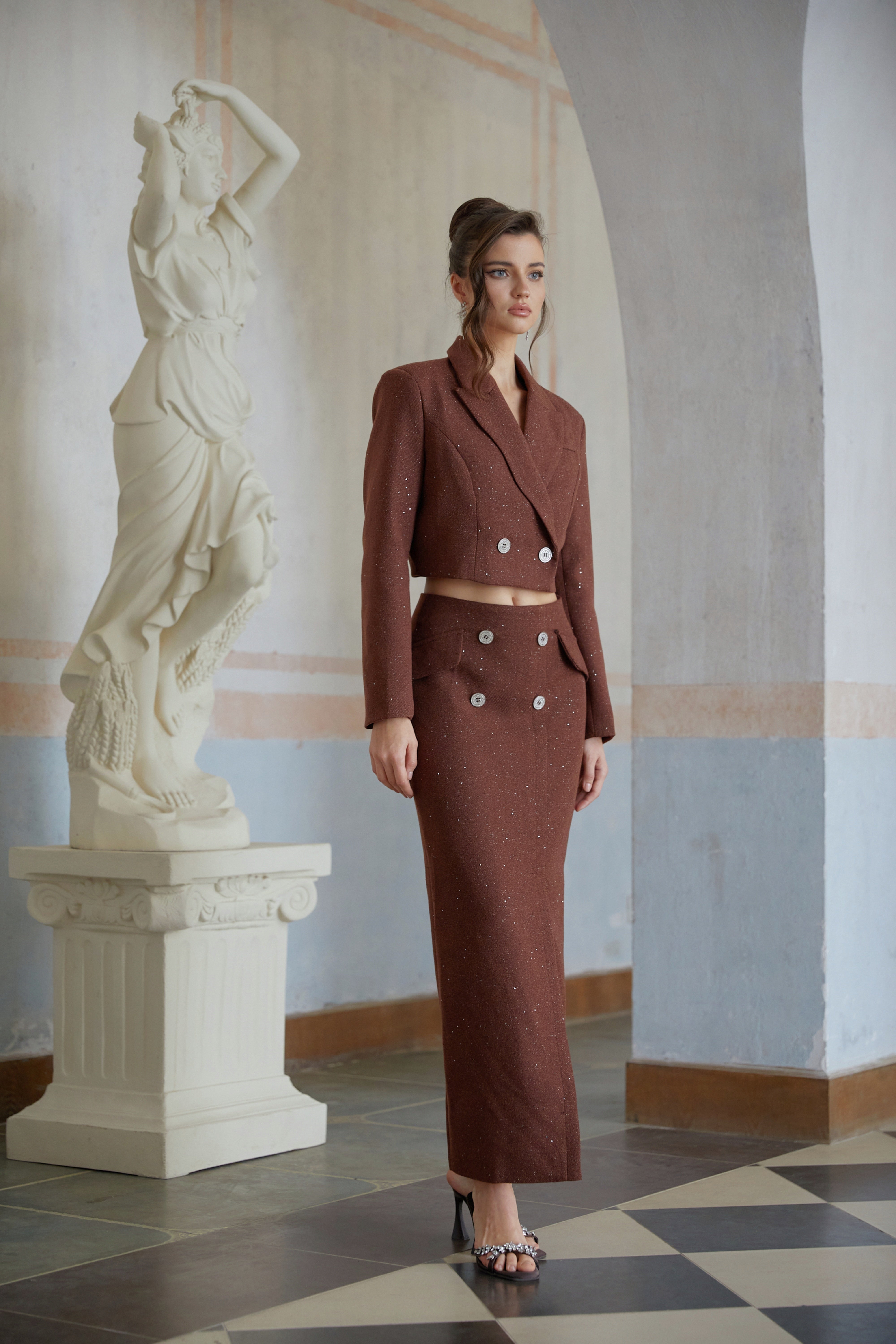 Emilía Brown Sequined Double-Breasted Jacket & Skirt Set