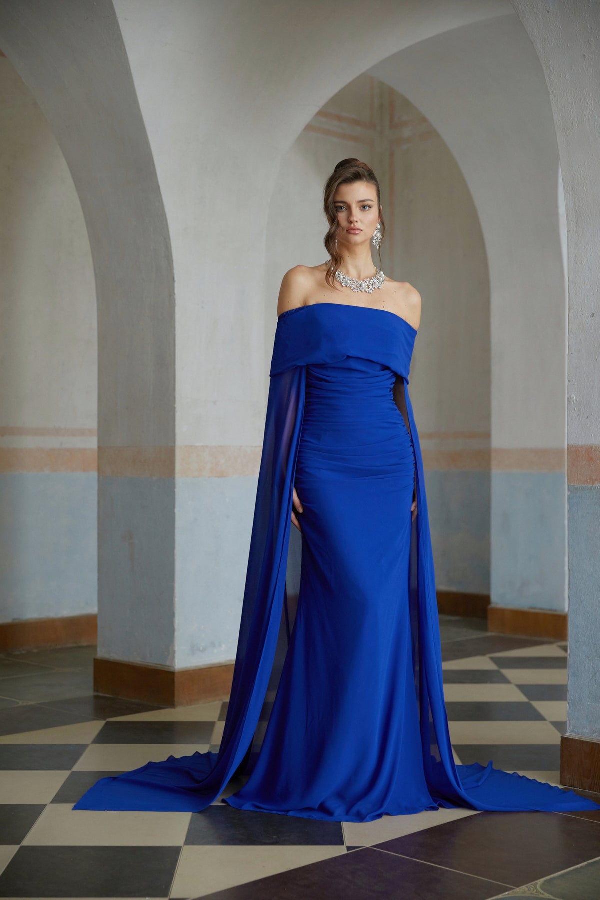Jovie Blue Cape Design Ruched Maxi Gown