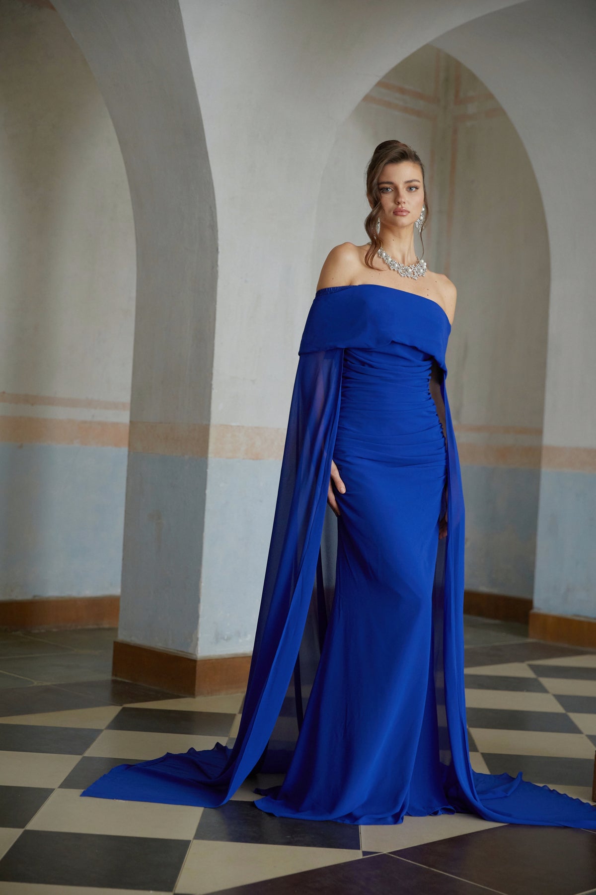 Jovie Blue Cape Design Ruched Maxi Gown