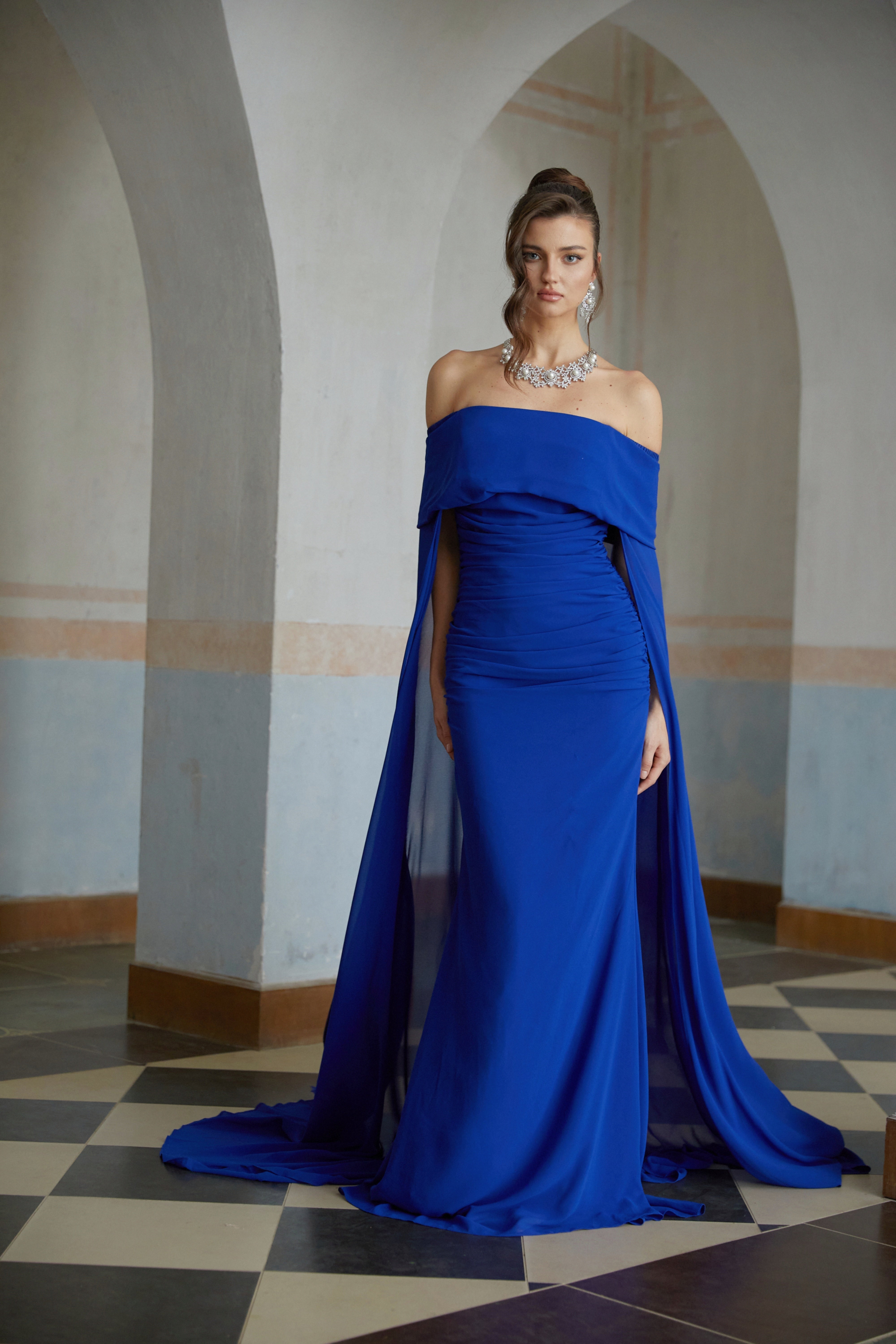Jovie Blue Cape Design Ruched Maxi Gown