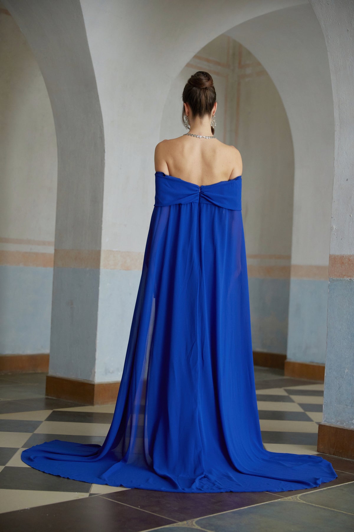 Jovie Blue Cape Design Ruched Maxi Gown