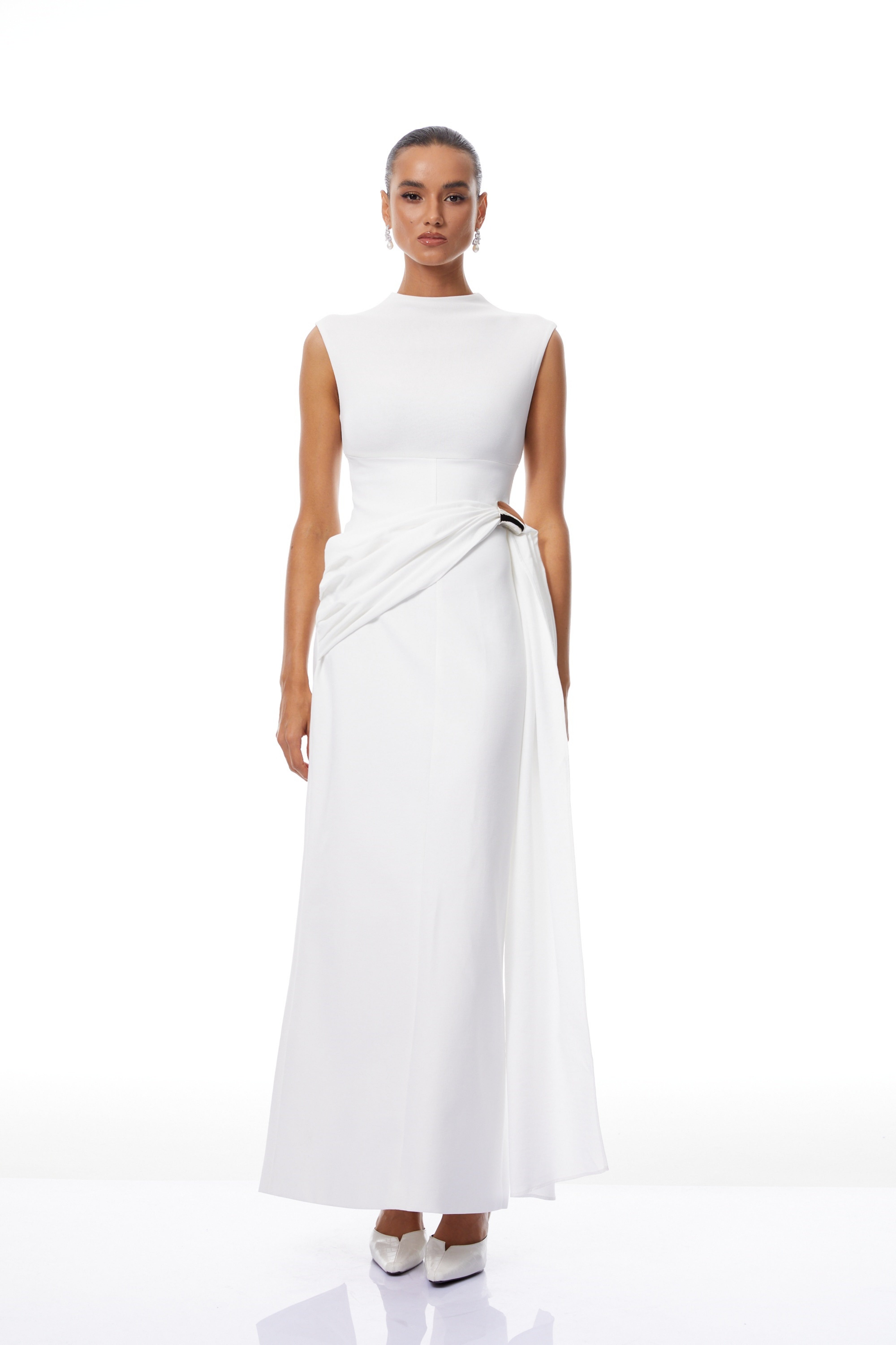 Arna White Knit Panel Gathered Maxi Dress