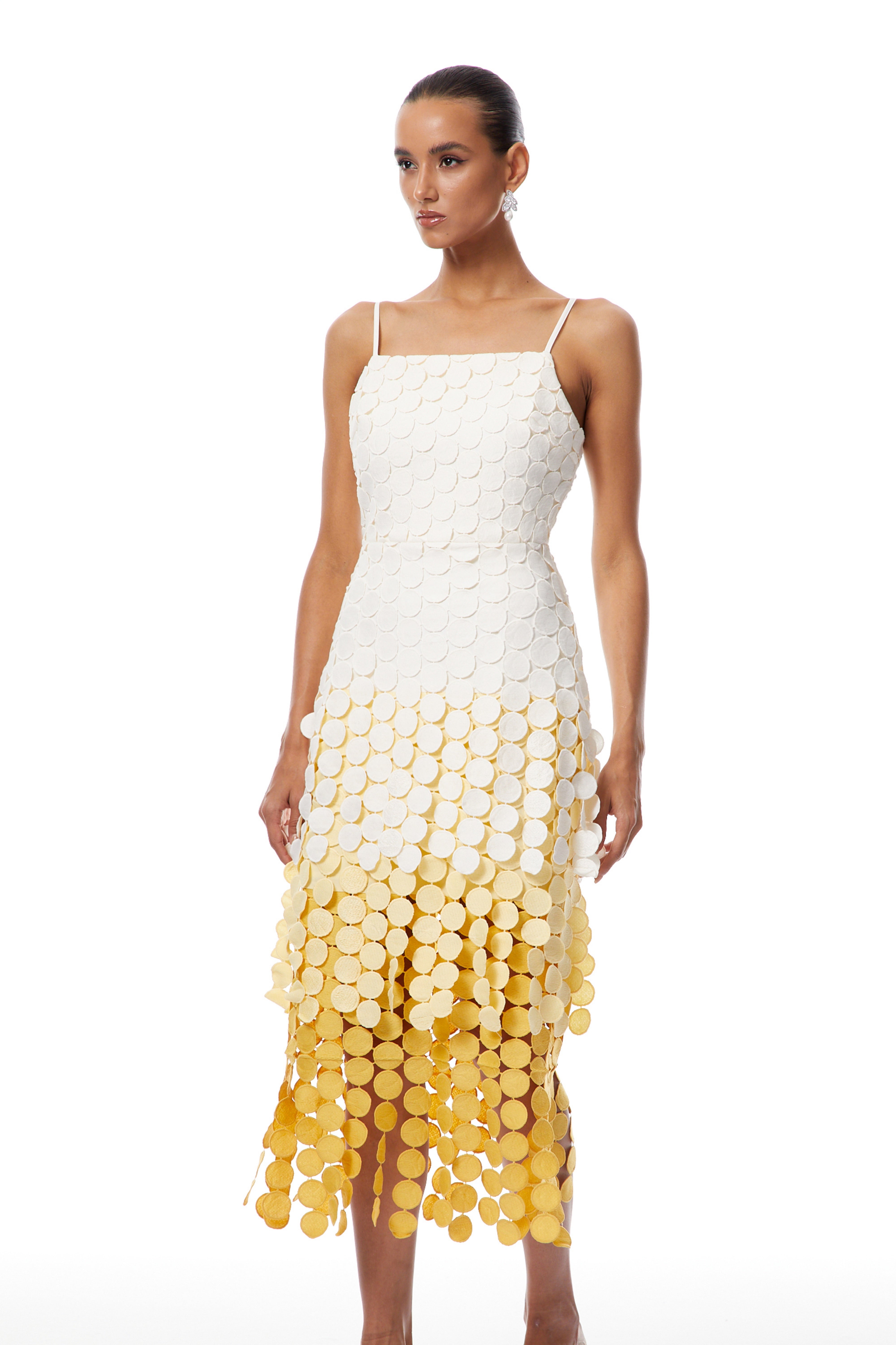 Vezzetti Yellow Embroidered-Disc Fringed Maxi Dress