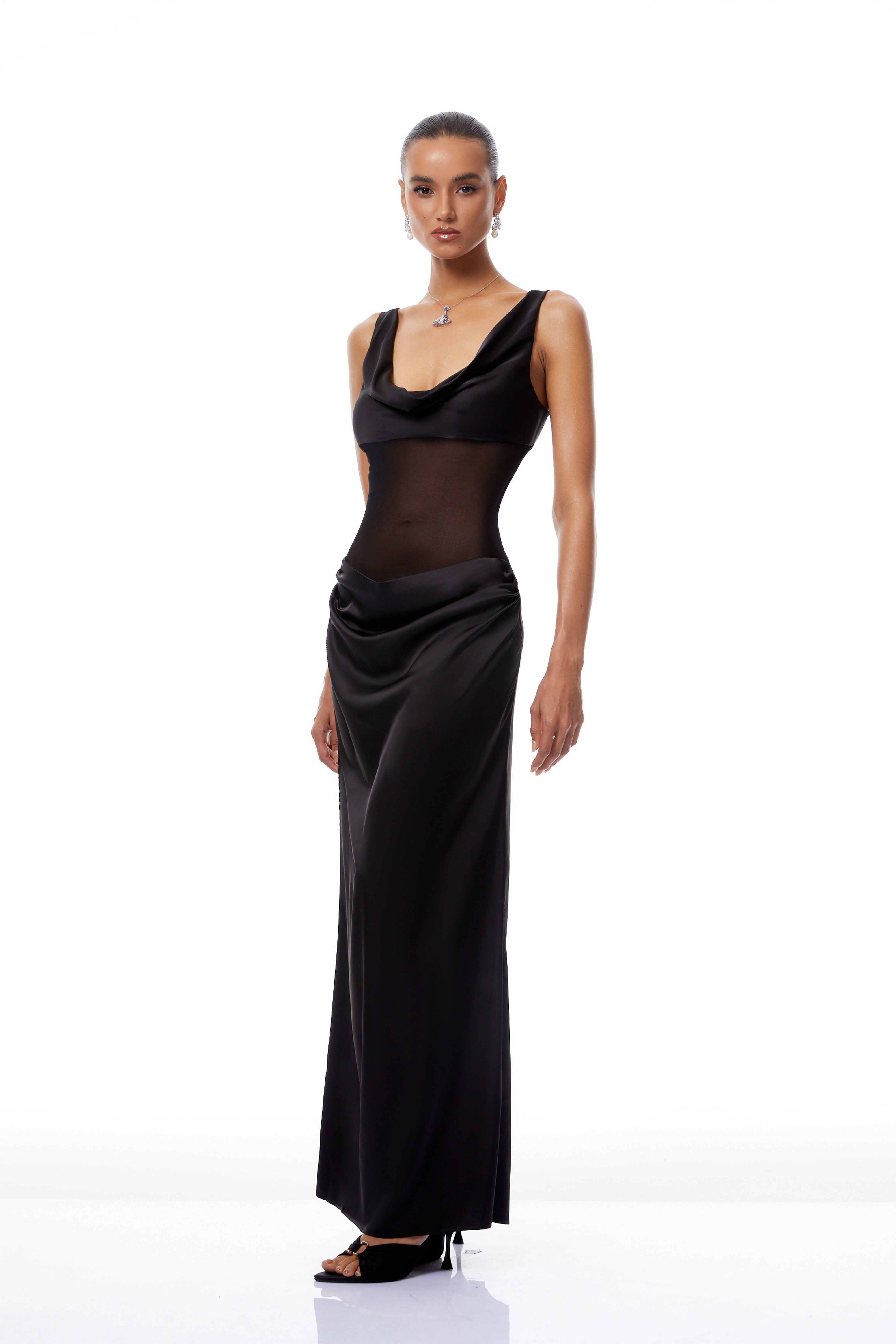 Pernilla Black Ruched Satin Maxi Dress