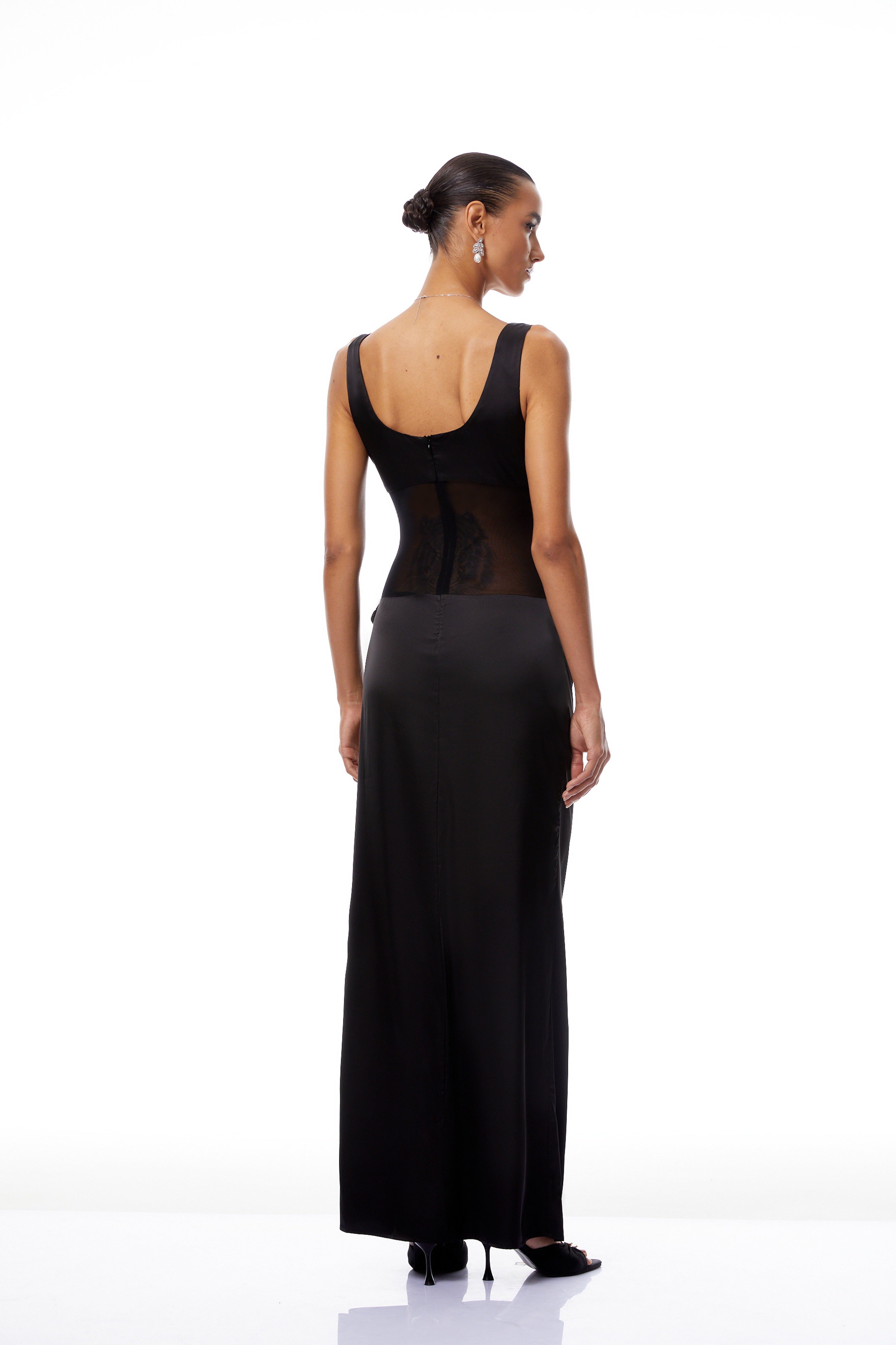 Pernilla Black Ruched Satin Maxi Dress