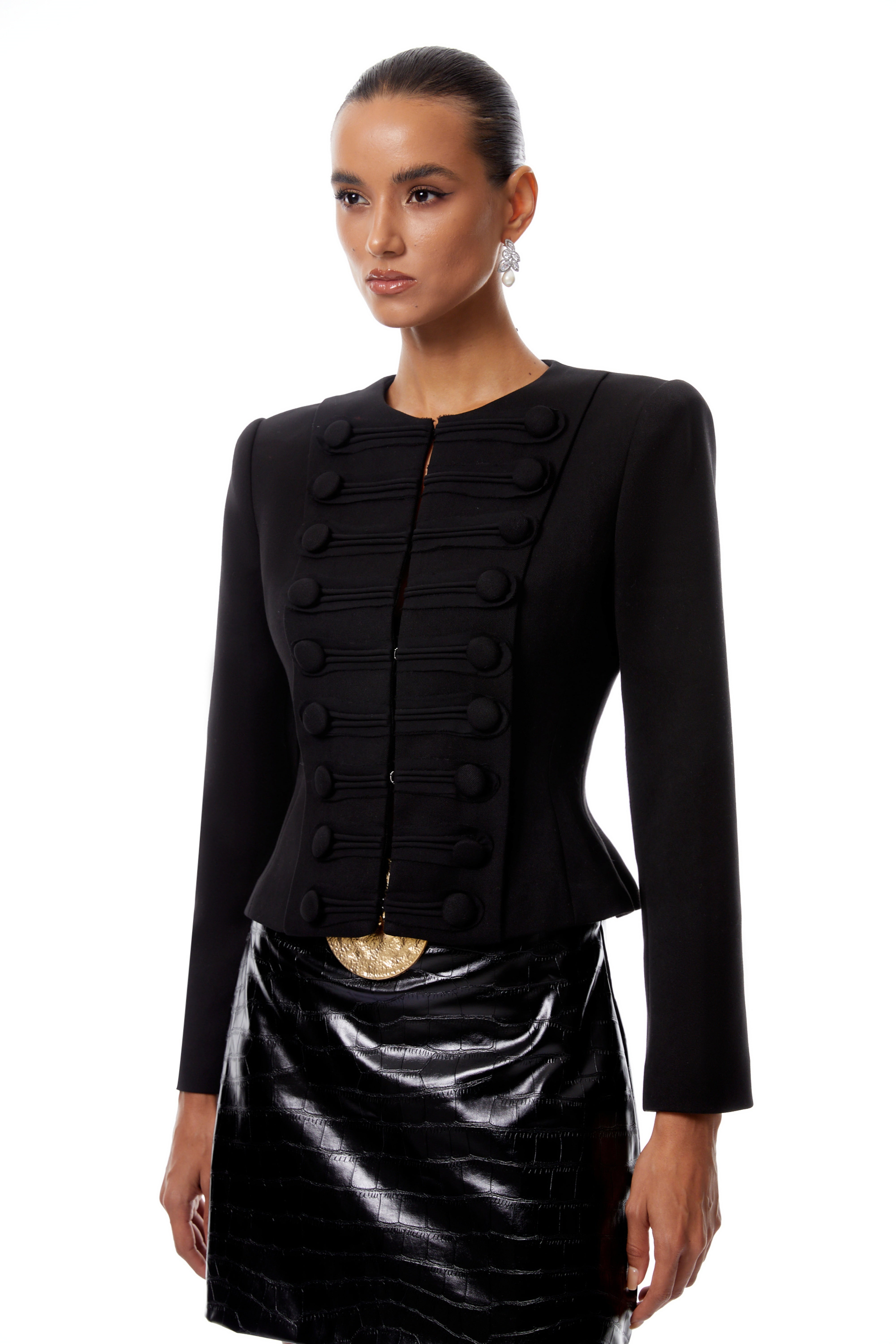Loredana Black Double-Breasted Frog Button Jacket