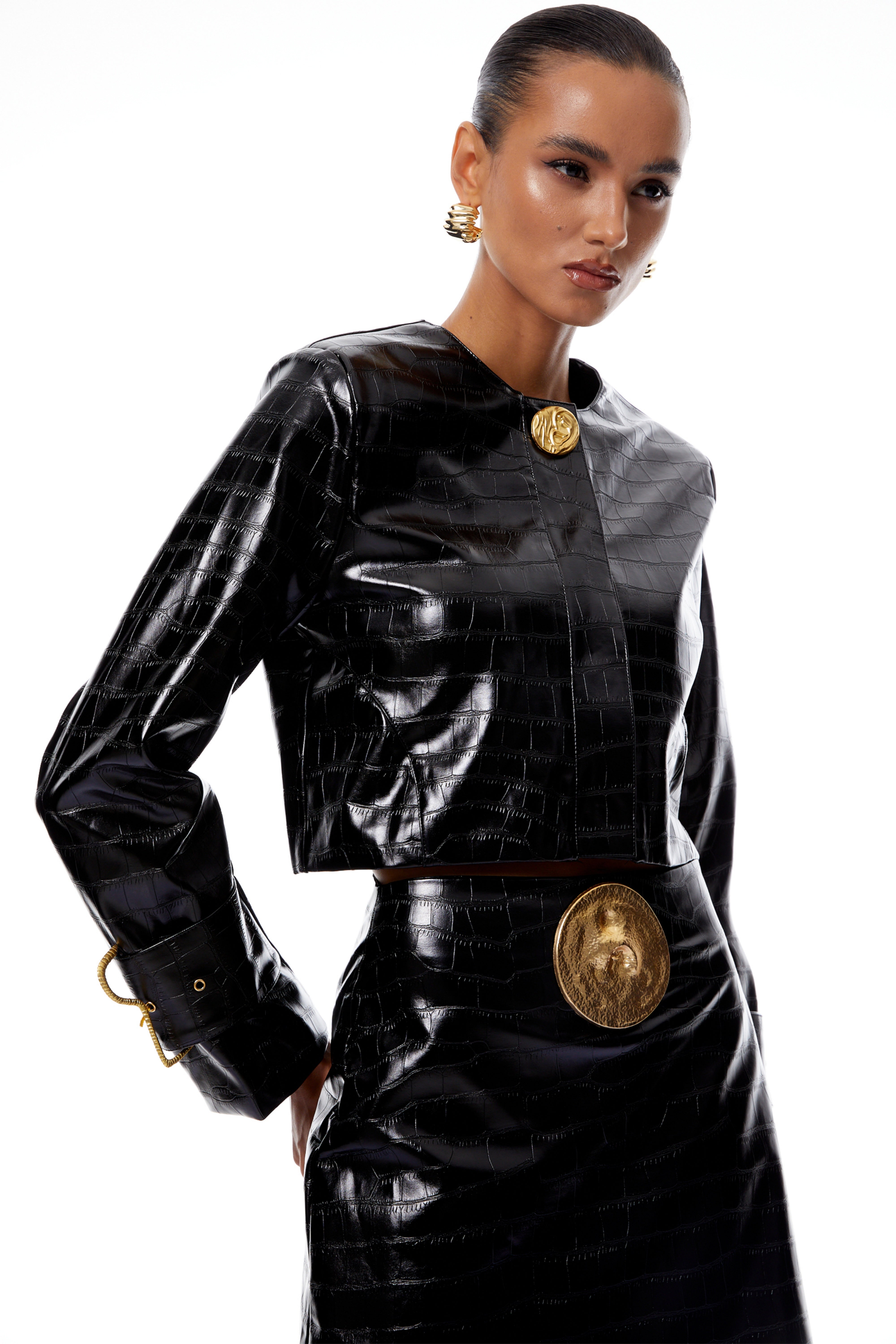 Gunilla Black Crocodile Embossed Leather Jacket & Skirt Set