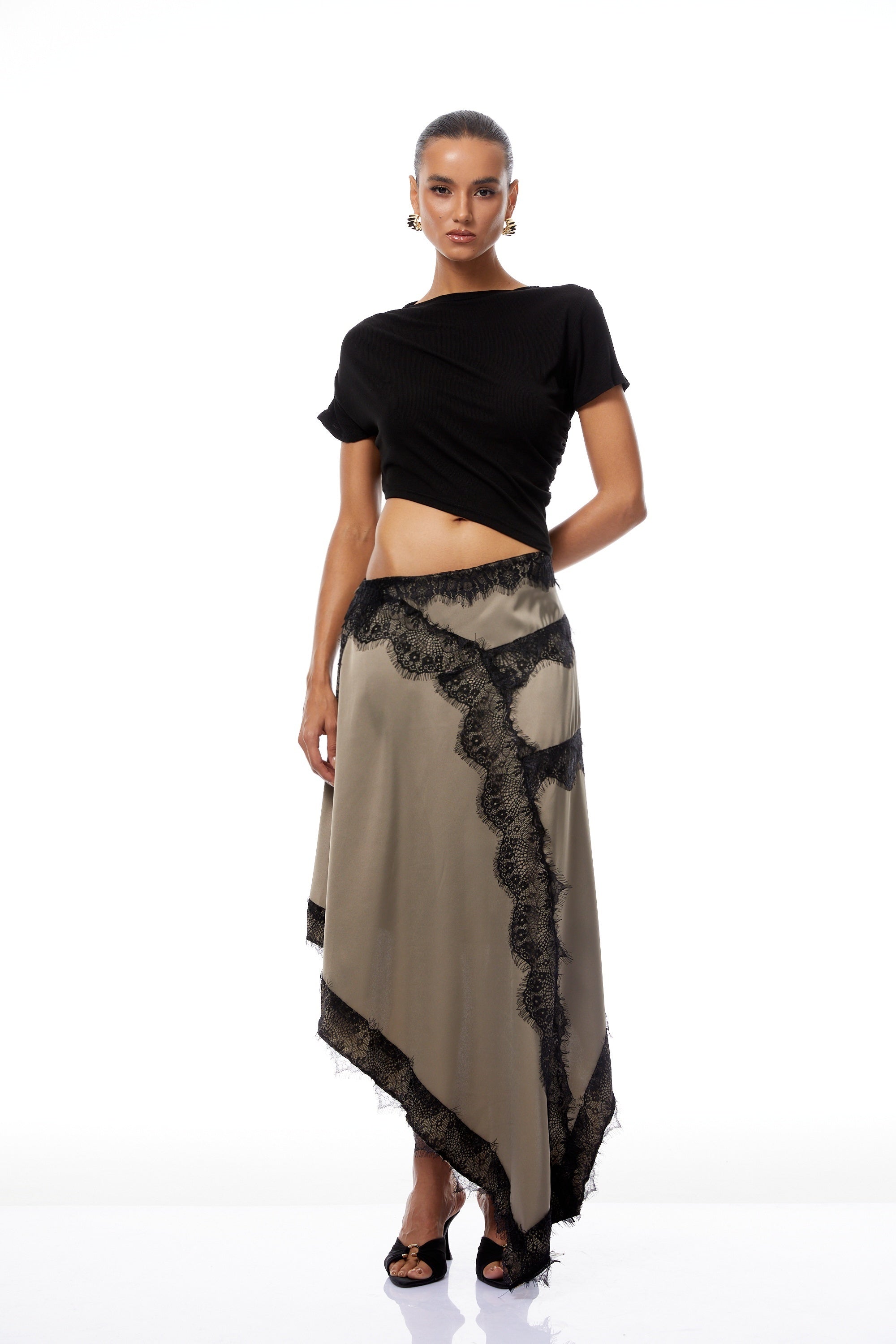 Fiamma Black Gathered Lace Panel Maxi Dress