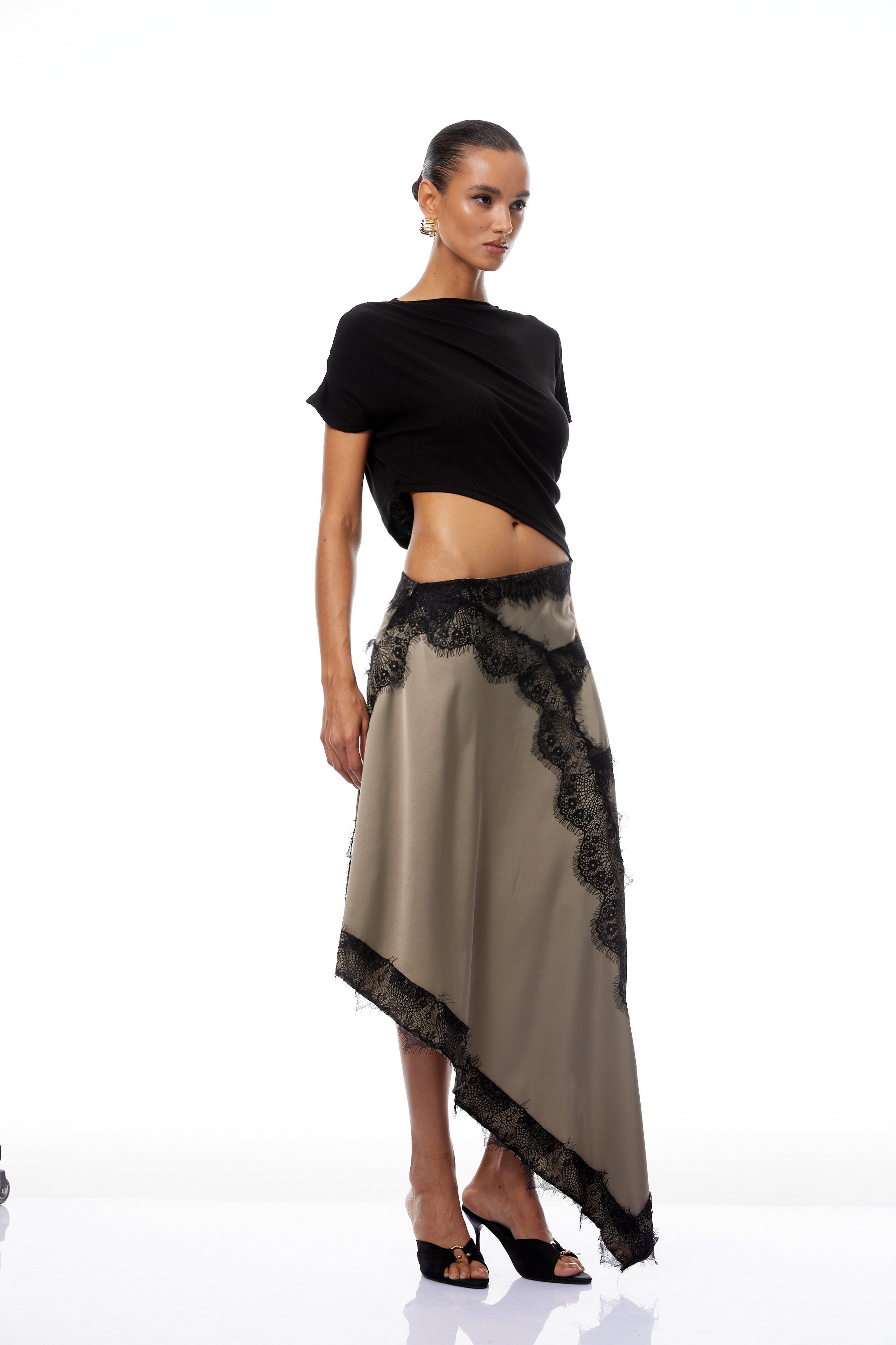 Fiamma Black Gathered Lace Panel Maxi Dress