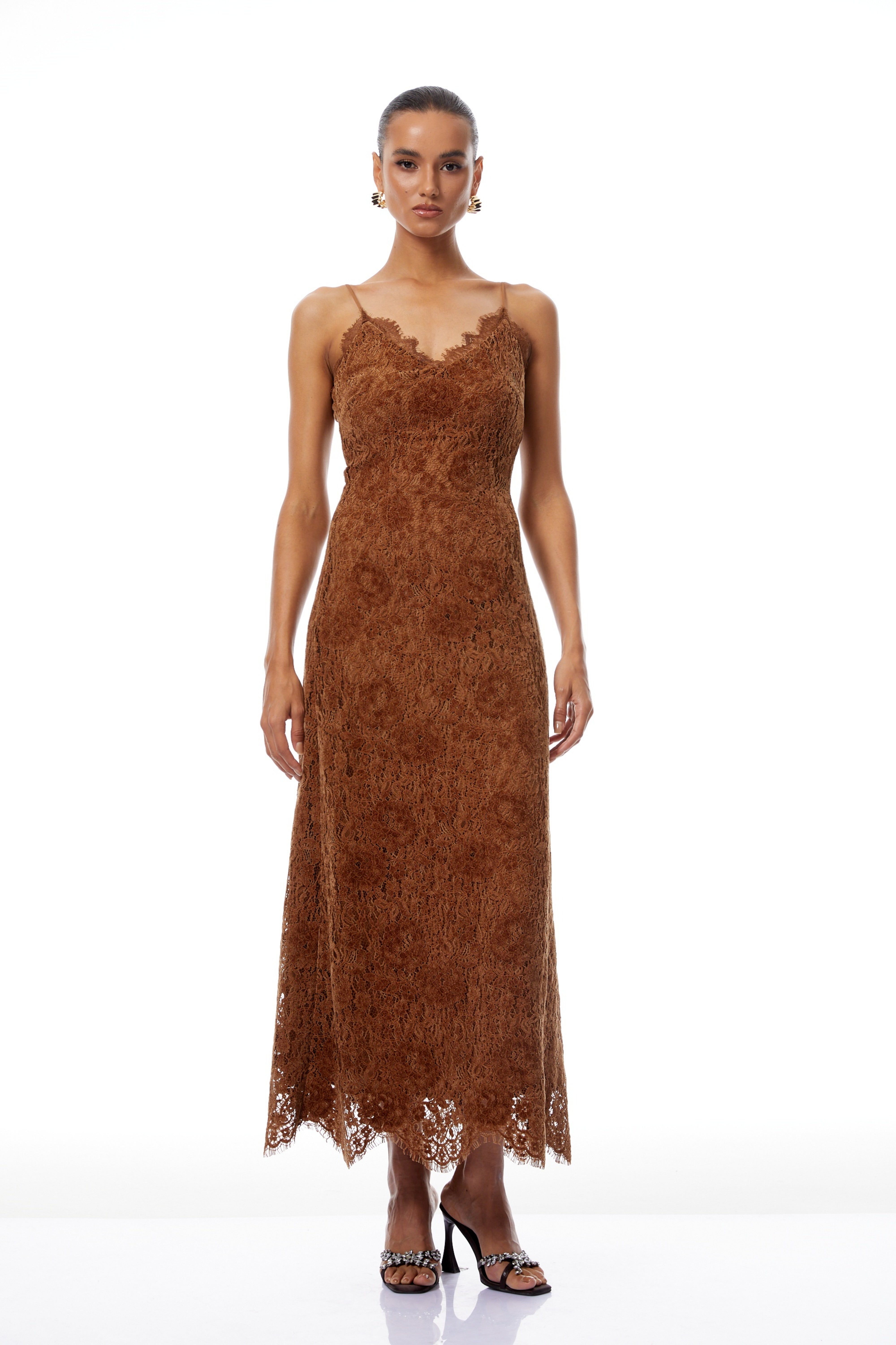 Estrid Brown Flocked Floral Lace Maxi Dress
