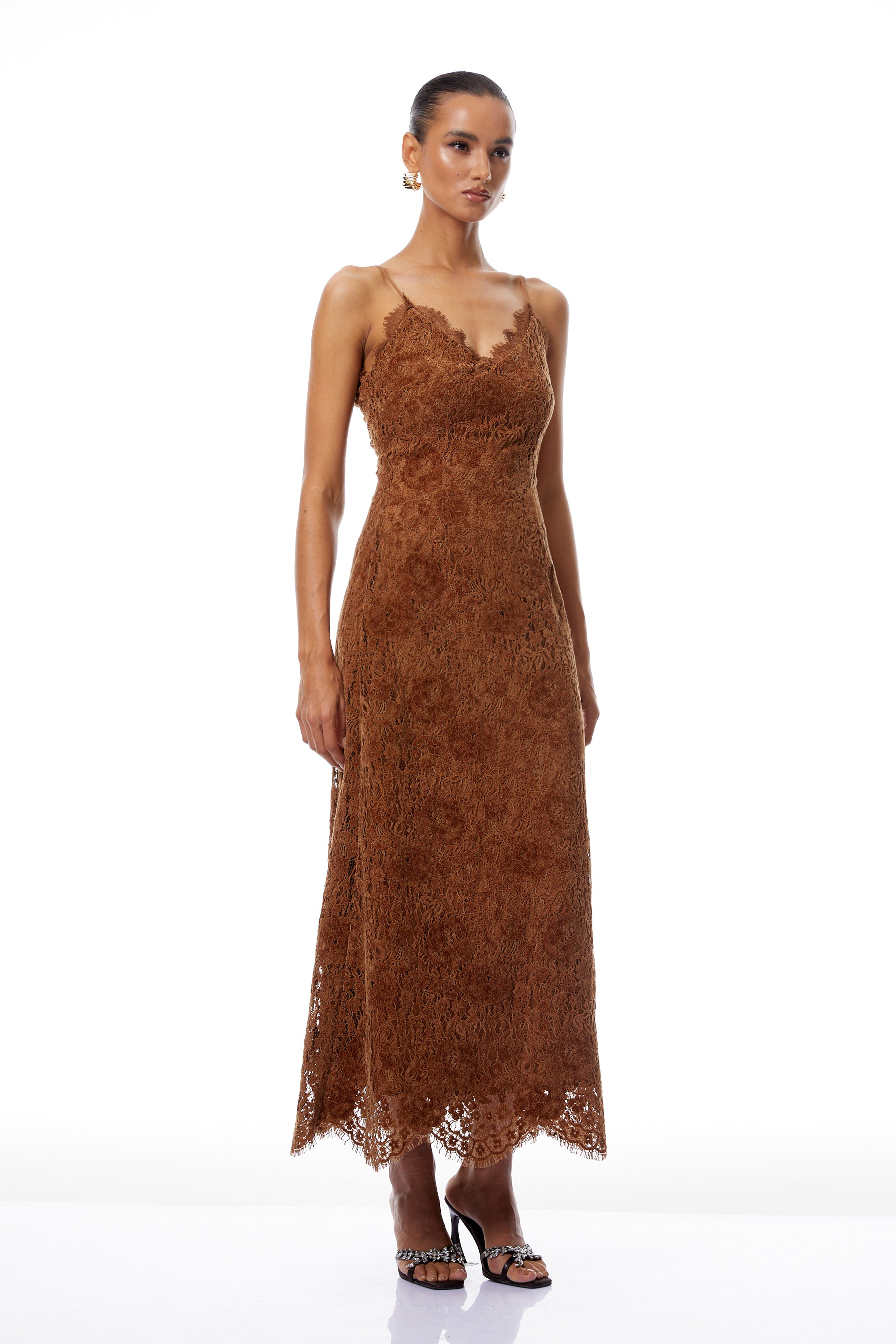 Estrid Brown Flocked Floral Lace Maxi Dress