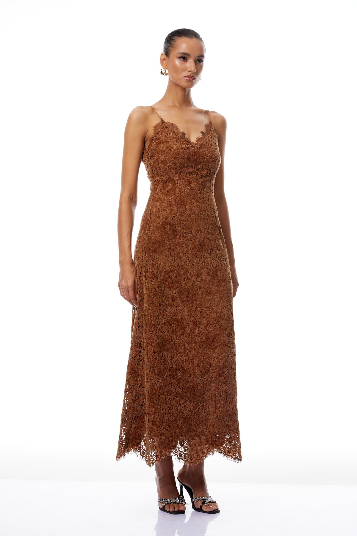 Estrid Brown Flocked Floral Lace Maxi Dress (Final Sale)